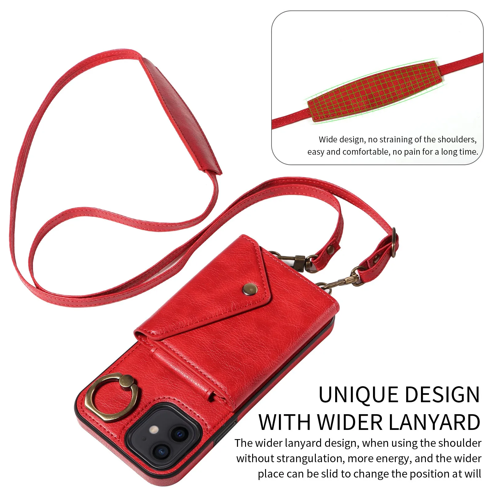 002 Phone Shell for iPhone 12 / 12 Pro 6.1 inch , Ring Kickstand Litchi Texture Leather TPU Card Bag Case with Shoulder Strap