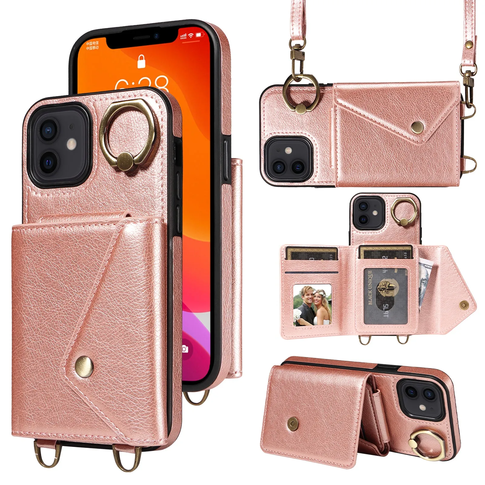 002 Phone Shell for iPhone 12 / 12 Pro 6.1 inch , Ring Kickstand Litchi Texture Leather TPU Card Bag Case with Shoulder Strap