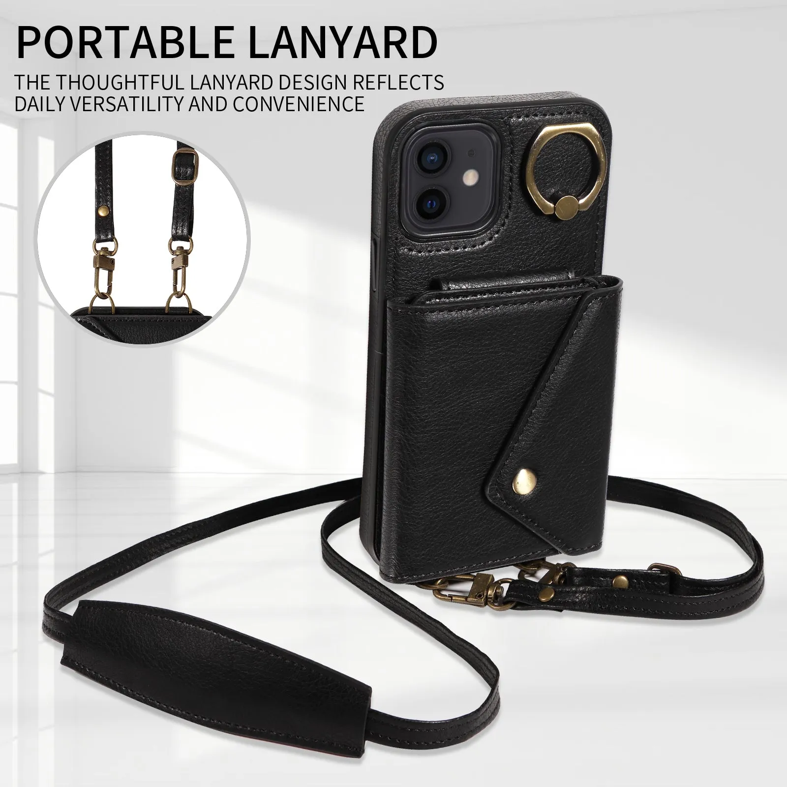 002 Phone Shell for iPhone 12 / 12 Pro 6.1 inch , Ring Kickstand Litchi Texture Leather TPU Card Bag Case with Shoulder Strap