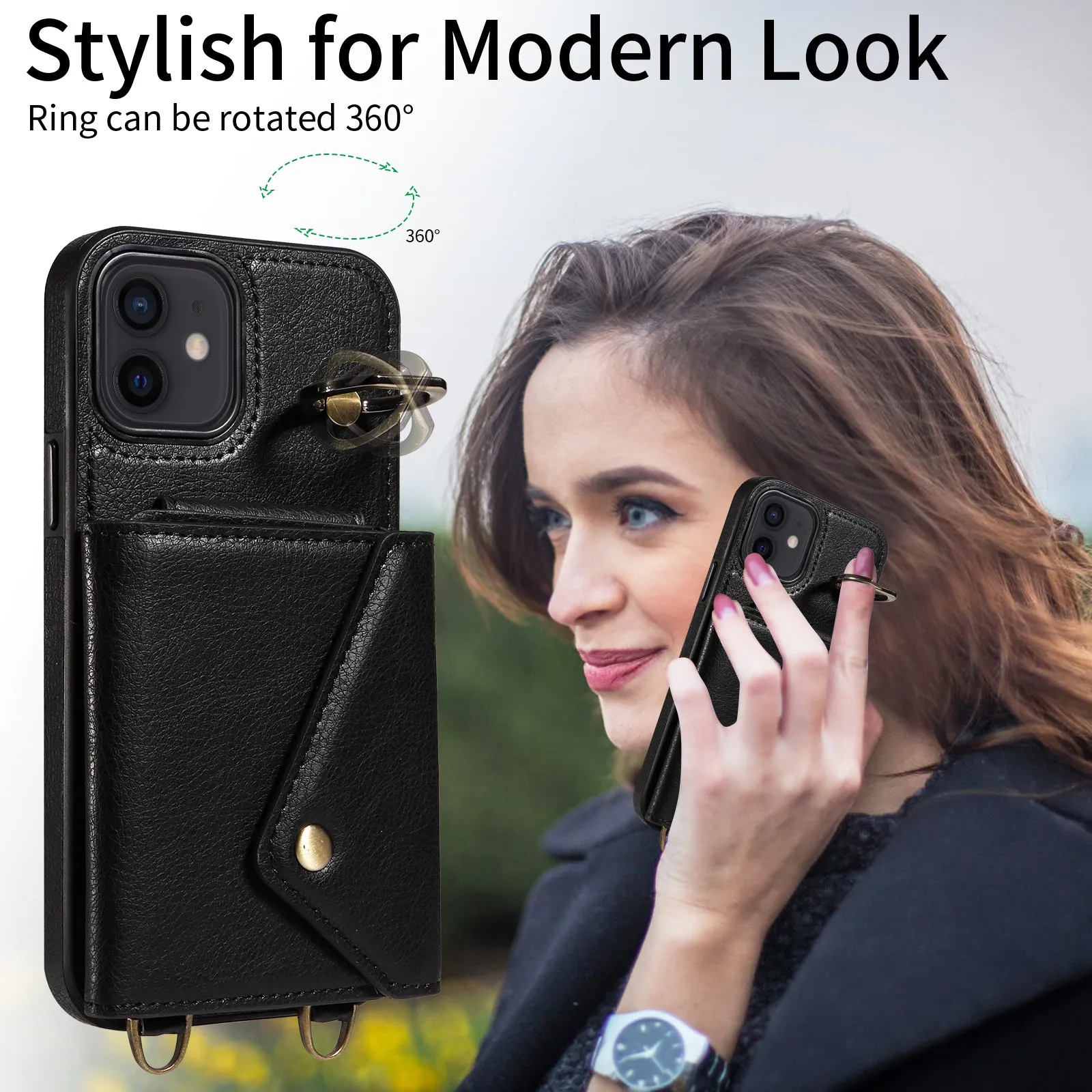 002 Phone Shell for iPhone 12 / 12 Pro 6.1 inch , Ring Kickstand Litchi Texture Leather TPU Card Bag Case with Shoulder Strap