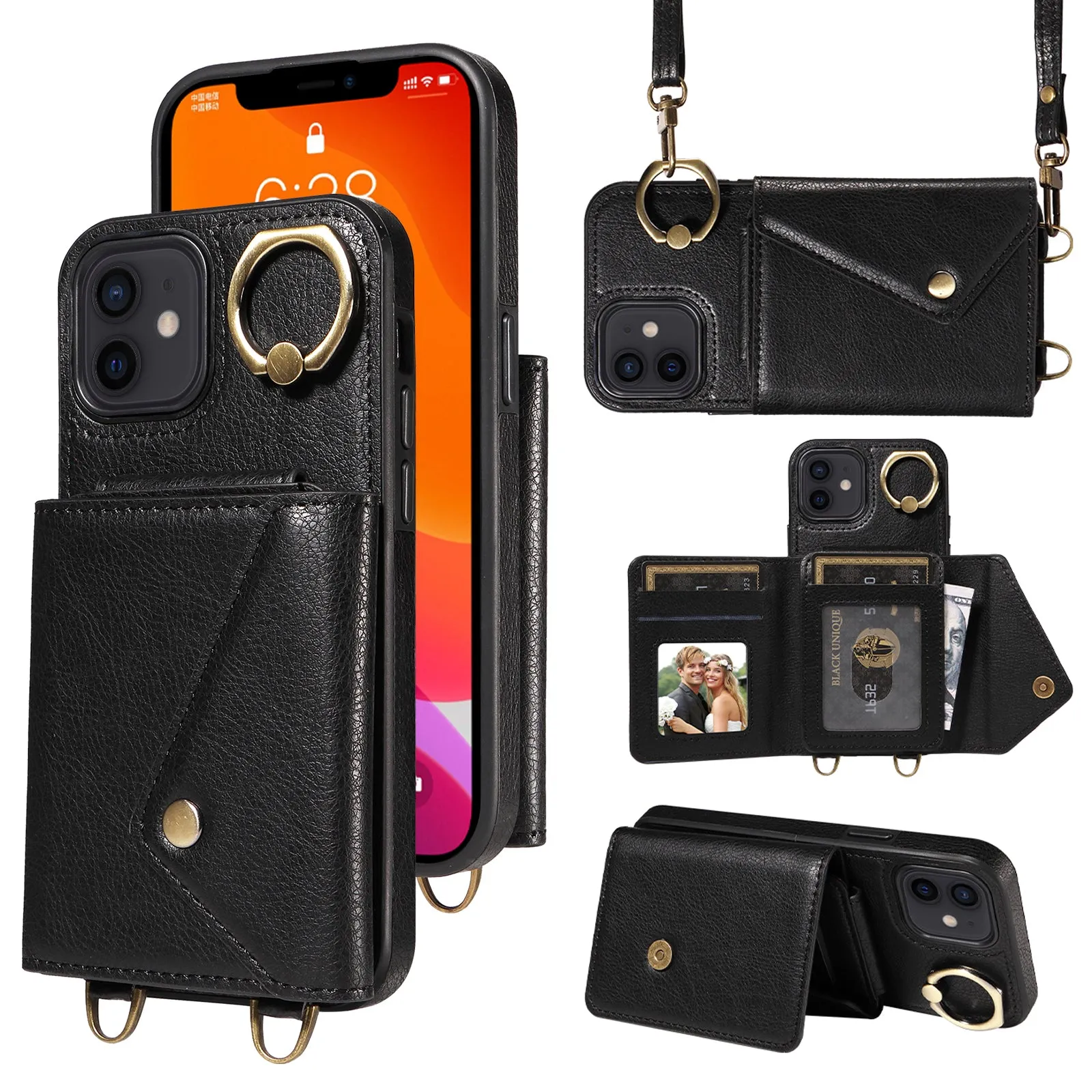 002 Phone Shell for iPhone 12 / 12 Pro 6.1 inch , Ring Kickstand Litchi Texture Leather TPU Card Bag Case with Shoulder Strap