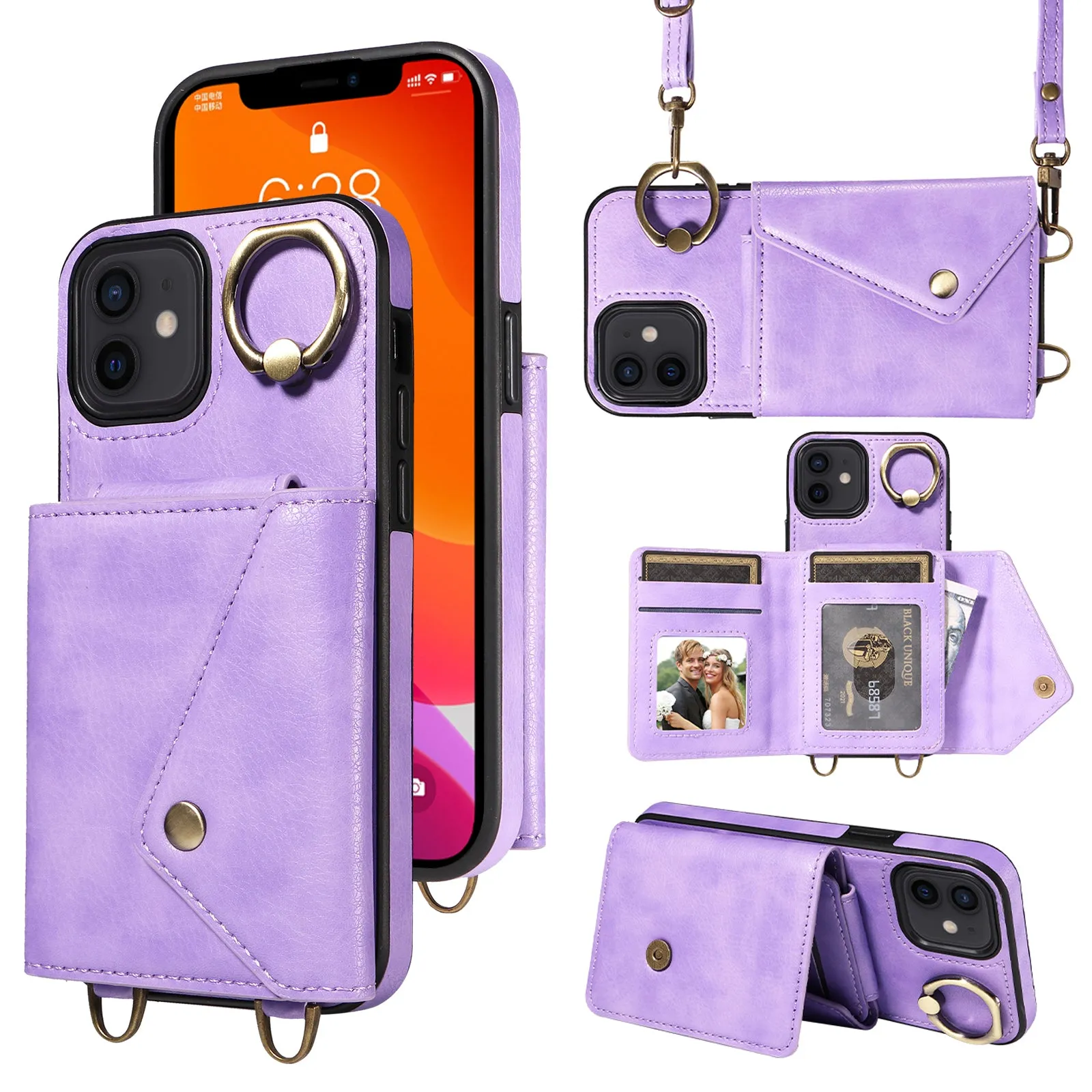 002 Phone Shell for iPhone 12 / 12 Pro 6.1 inch , Ring Kickstand Litchi Texture Leather TPU Card Bag Case with Shoulder Strap