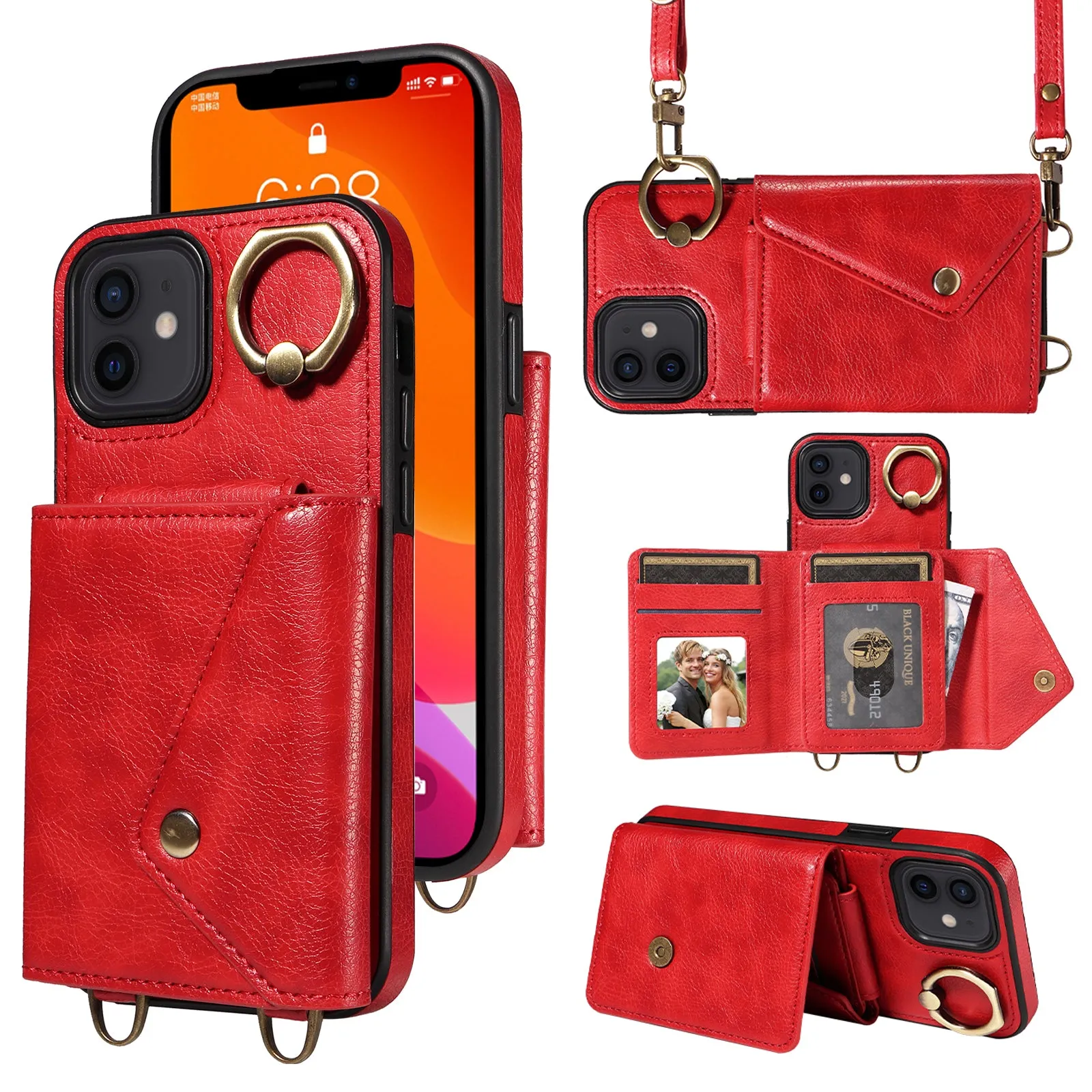 002 Phone Shell for iPhone 12 / 12 Pro 6.1 inch , Ring Kickstand Litchi Texture Leather TPU Card Bag Case with Shoulder Strap