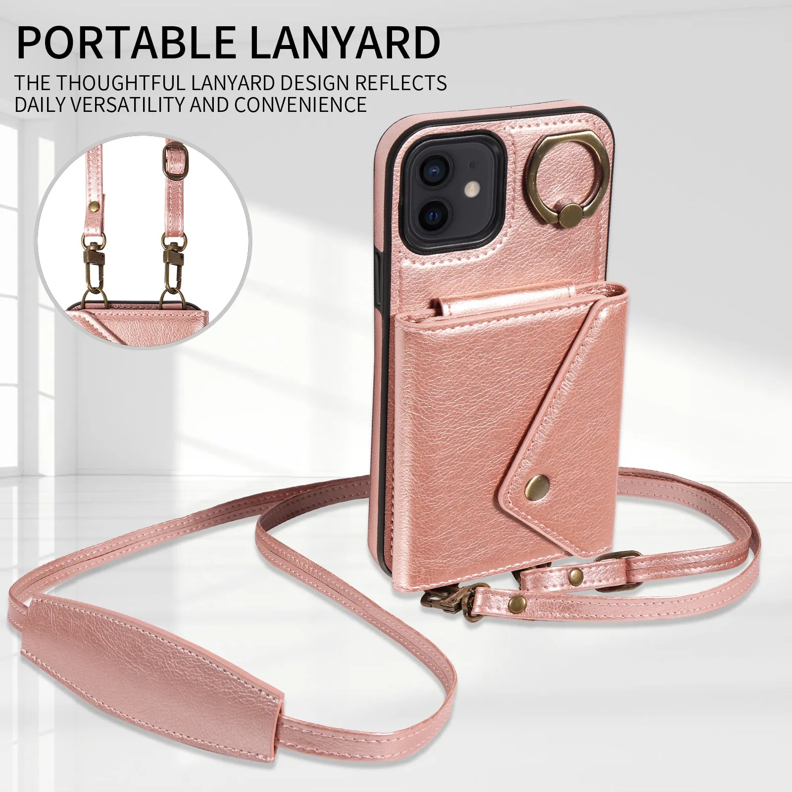 002 Phone Shell for iPhone 12 / 12 Pro 6.1 inch , Ring Kickstand Litchi Texture Leather TPU Card Bag Case with Shoulder Strap