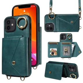 002 Phone Shell for iPhone 12 / 12 Pro 6.1 inch , Ring Kickstand Litchi Texture Leather TPU Card Bag Case with Shoulder Strap