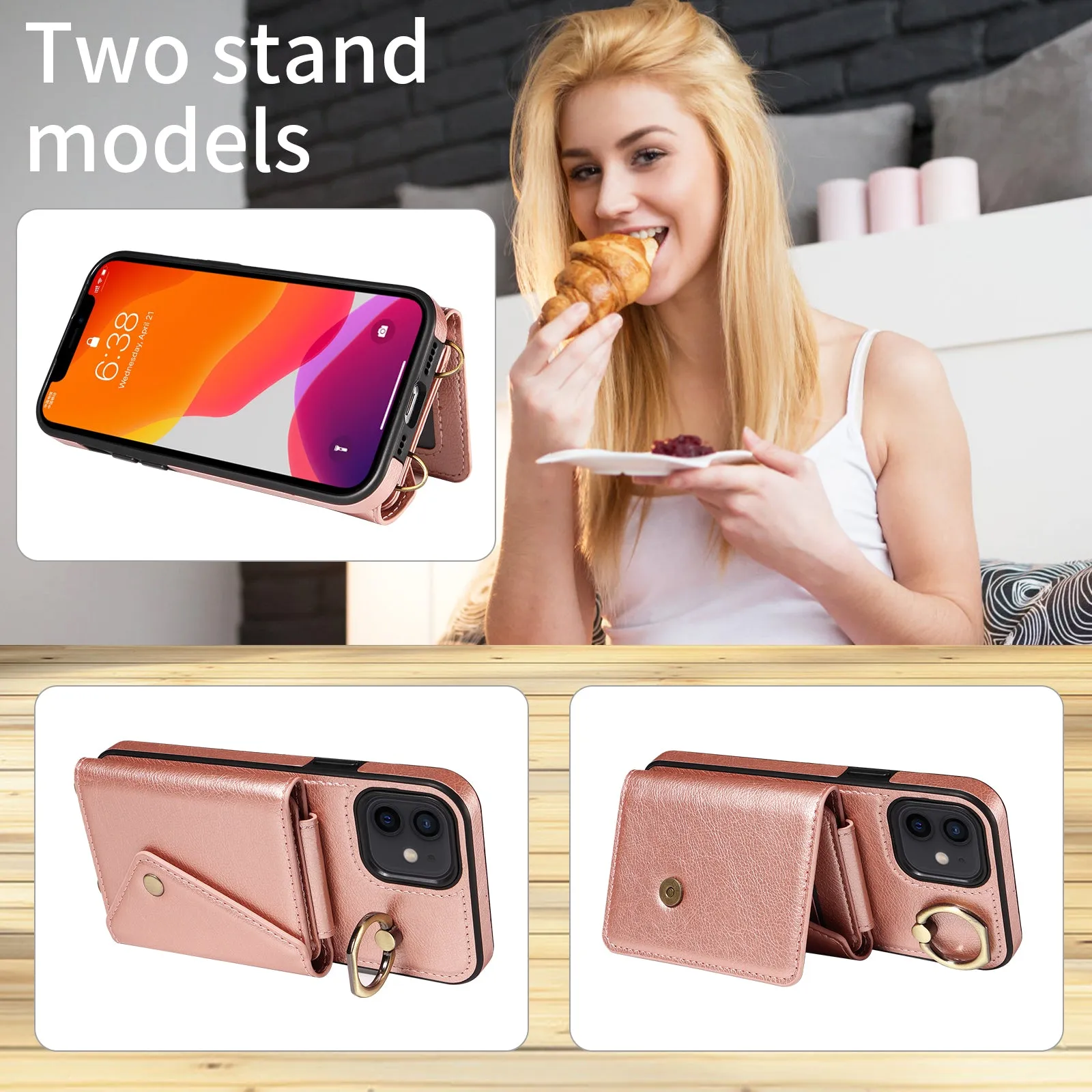 002 Phone Shell for iPhone 12 / 12 Pro 6.1 inch , Ring Kickstand Litchi Texture Leather TPU Card Bag Case with Shoulder Strap