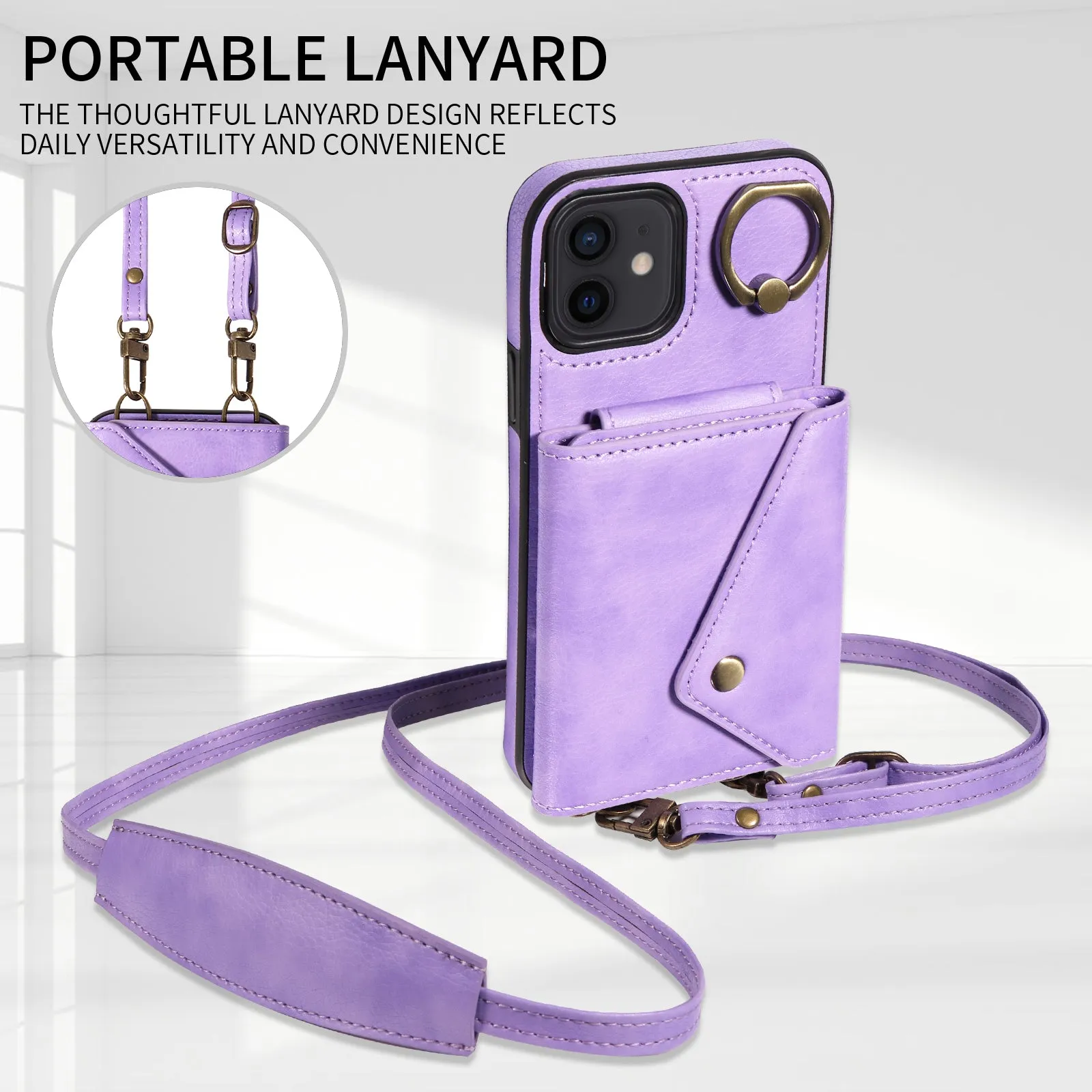 002 Phone Shell for iPhone 12 / 12 Pro 6.1 inch , Ring Kickstand Litchi Texture Leather TPU Card Bag Case with Shoulder Strap