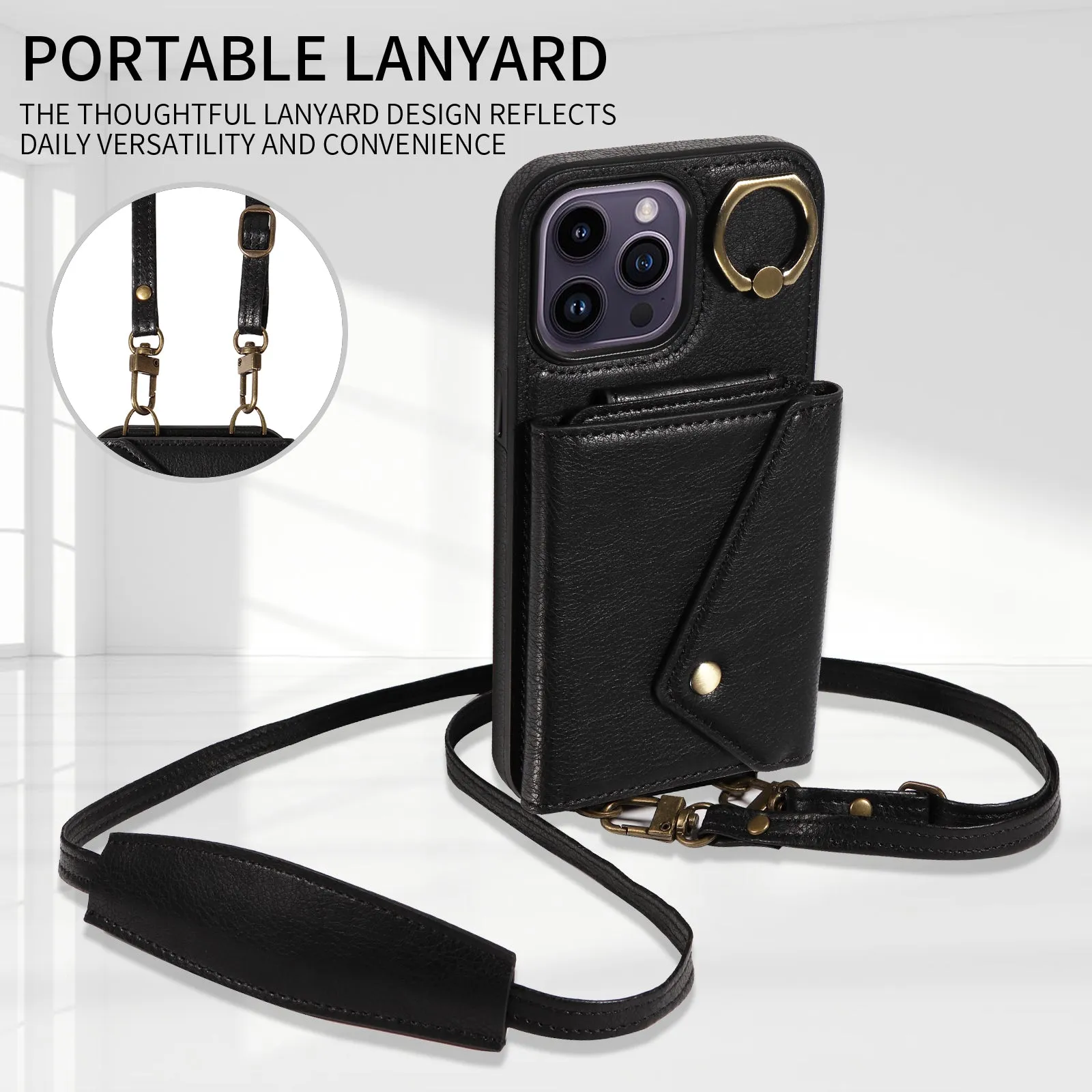 002 Well-protected Shell for iPhone 14 Pro Max , Ring Kickstand Litchi Texture Leather TPU Card Bag Phone Case with Shoulder Strap