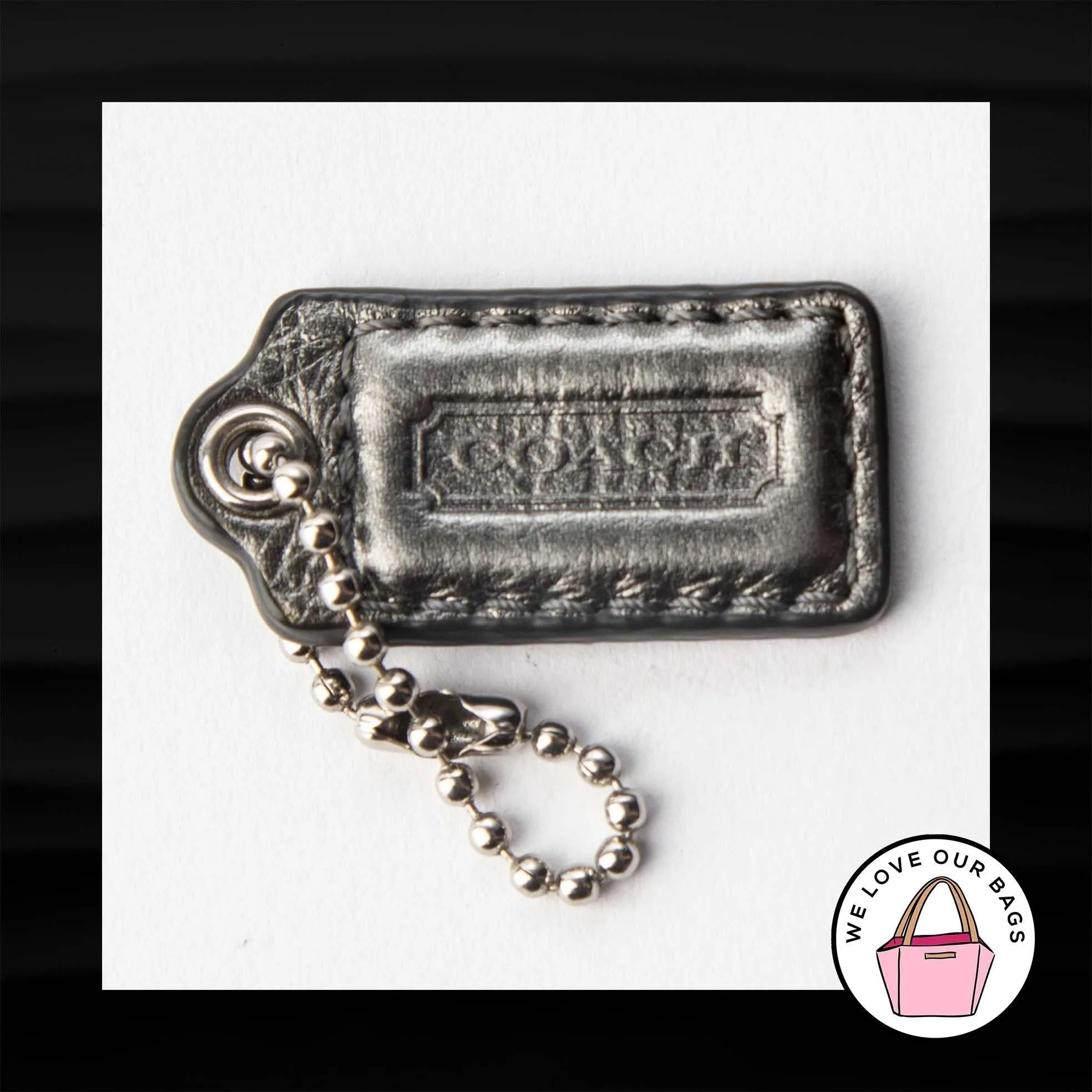 1.5" Small COACH SILVER METALLIC LEATHER KEYFOB CHARM KEYCHAIN HANG TAG WRISTLET