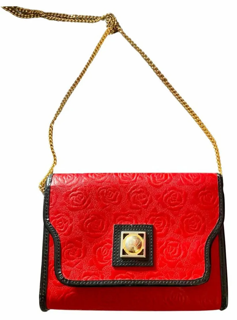 1980s Ungaro Paris Red Embossed Shoulder Bag with Gold Chain