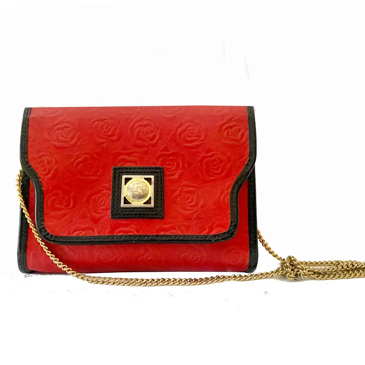 1980s Ungaro Paris Red Embossed Shoulder Bag with Gold Chain