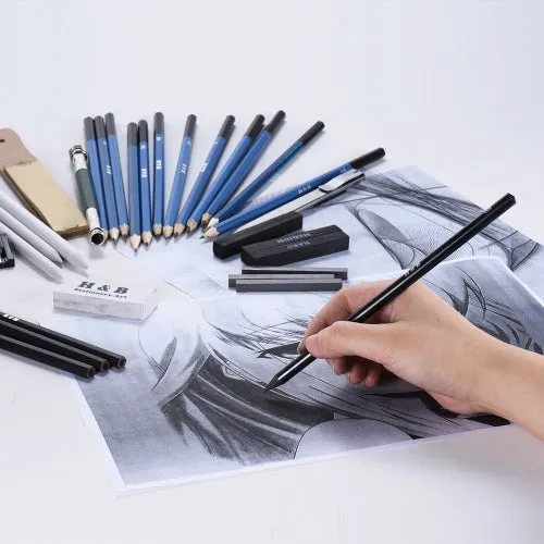 32pcs/Set Professional Drawing Sketch Pencil Kit Including Sketch Pencils Graphite & Charcoal Pencils Sticks Erasers Sharpeners with Carrying Bag for Art Supplies Students