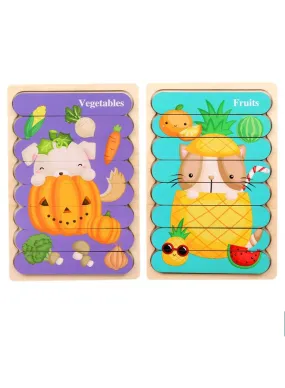 3D Double-sided Wooden Jigsaw Bar Puzzle Toy, Vegetables/Fruits