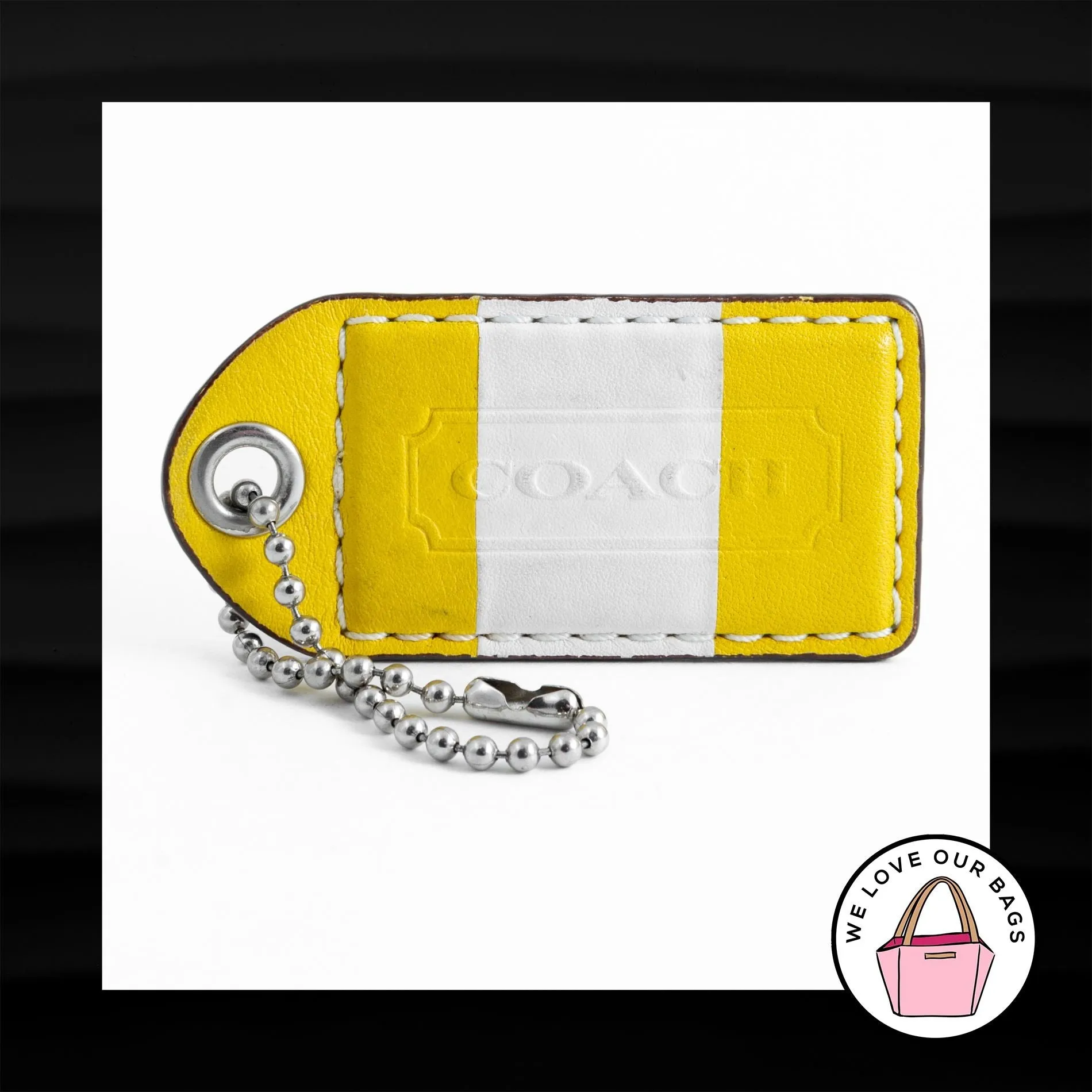 3" Large COACH YELLOW WHITE STRIPE LEATHER KEY FOB BAG CHARM KEYCHAIN HANG TAG