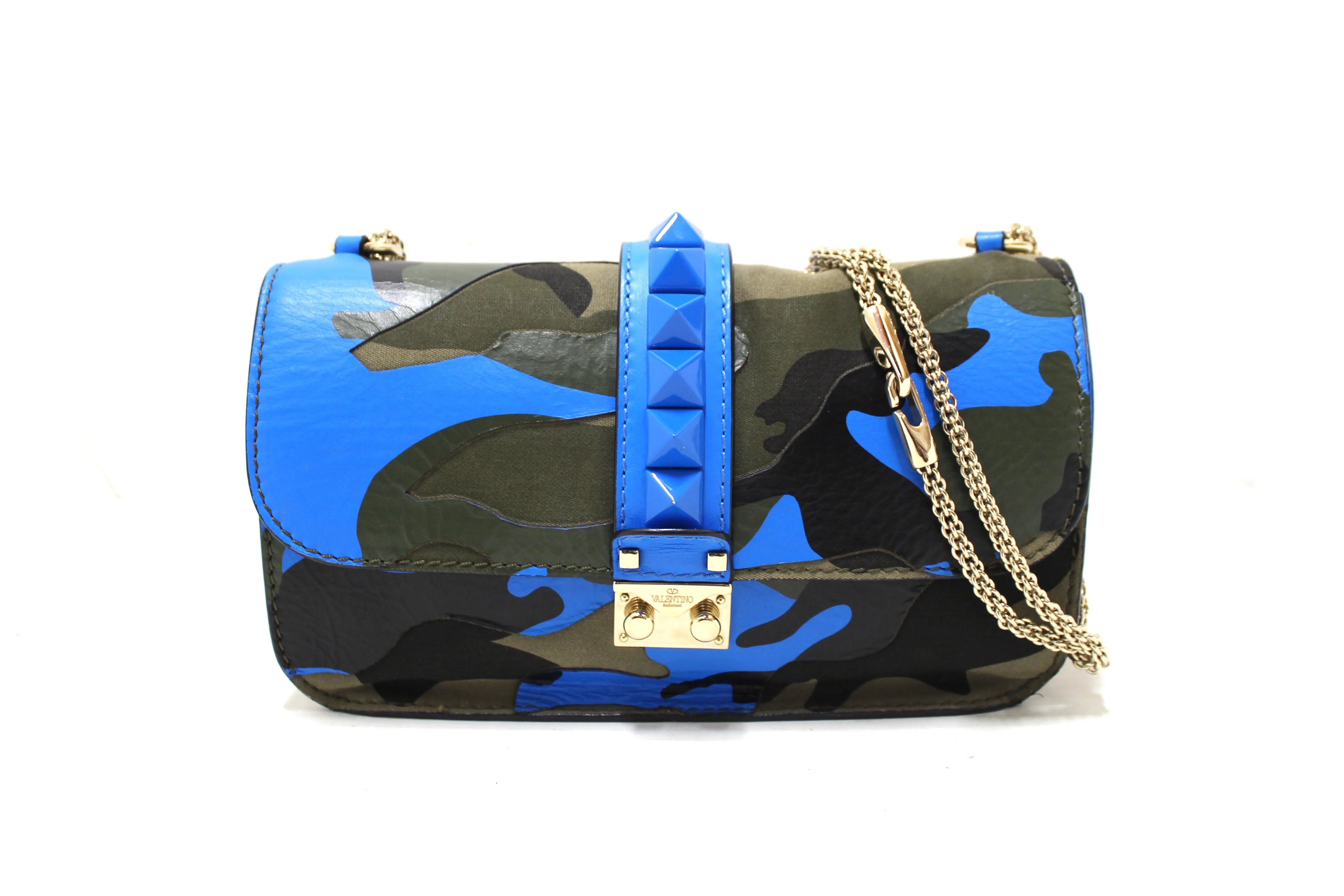 Authentic Valentino Garavani Blue Nappa Canvas Camouflage Medium Glam Lock Rockstud Flap