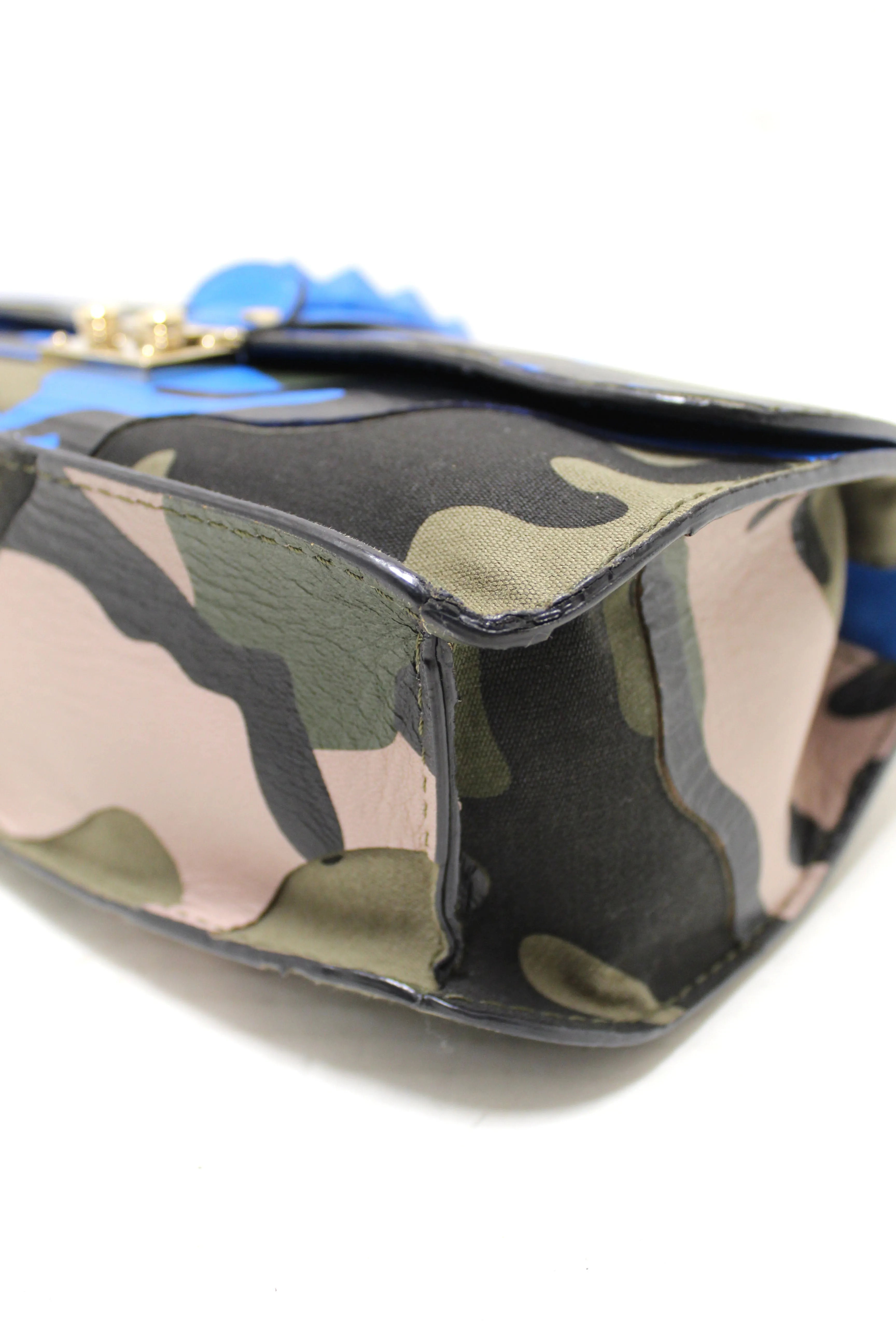 Authentic Valentino Garavani Blue Nappa Canvas Camouflage Medium Glam Lock Rockstud Flap