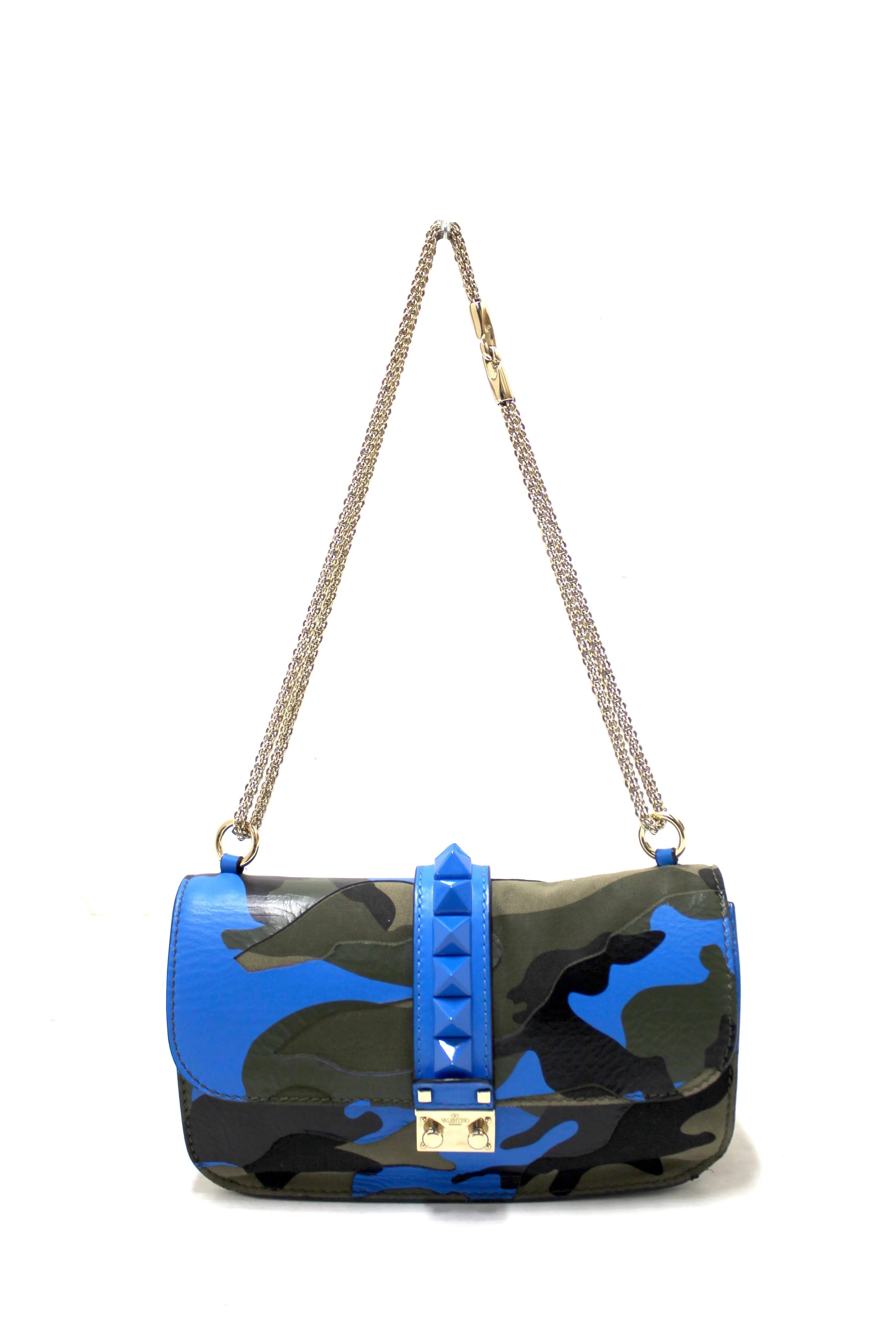 Authentic Valentino Garavani Blue Nappa Canvas Camouflage Medium Glam Lock Rockstud Flap