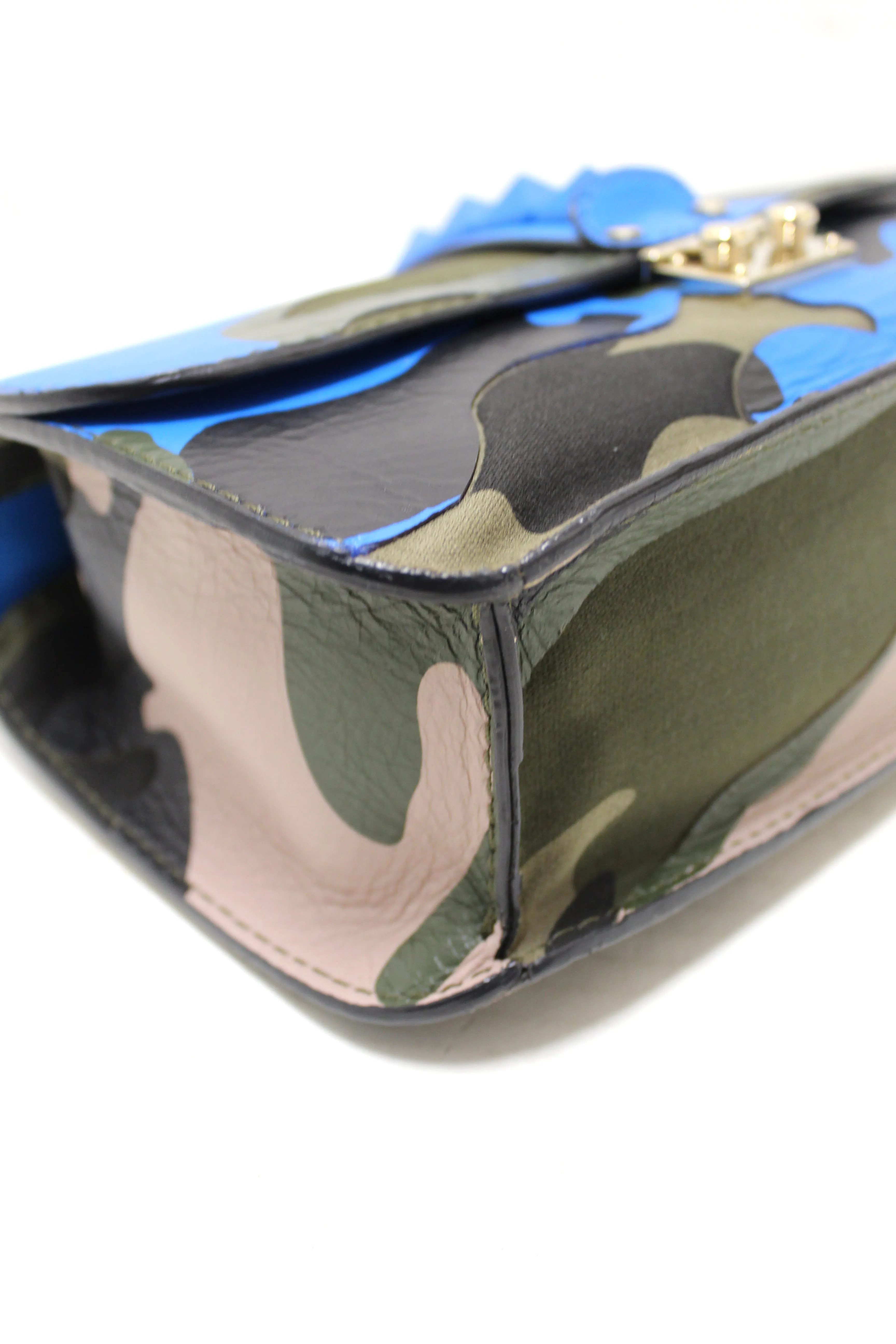 Authentic Valentino Garavani Blue Nappa Canvas Camouflage Medium Glam Lock Rockstud Flap