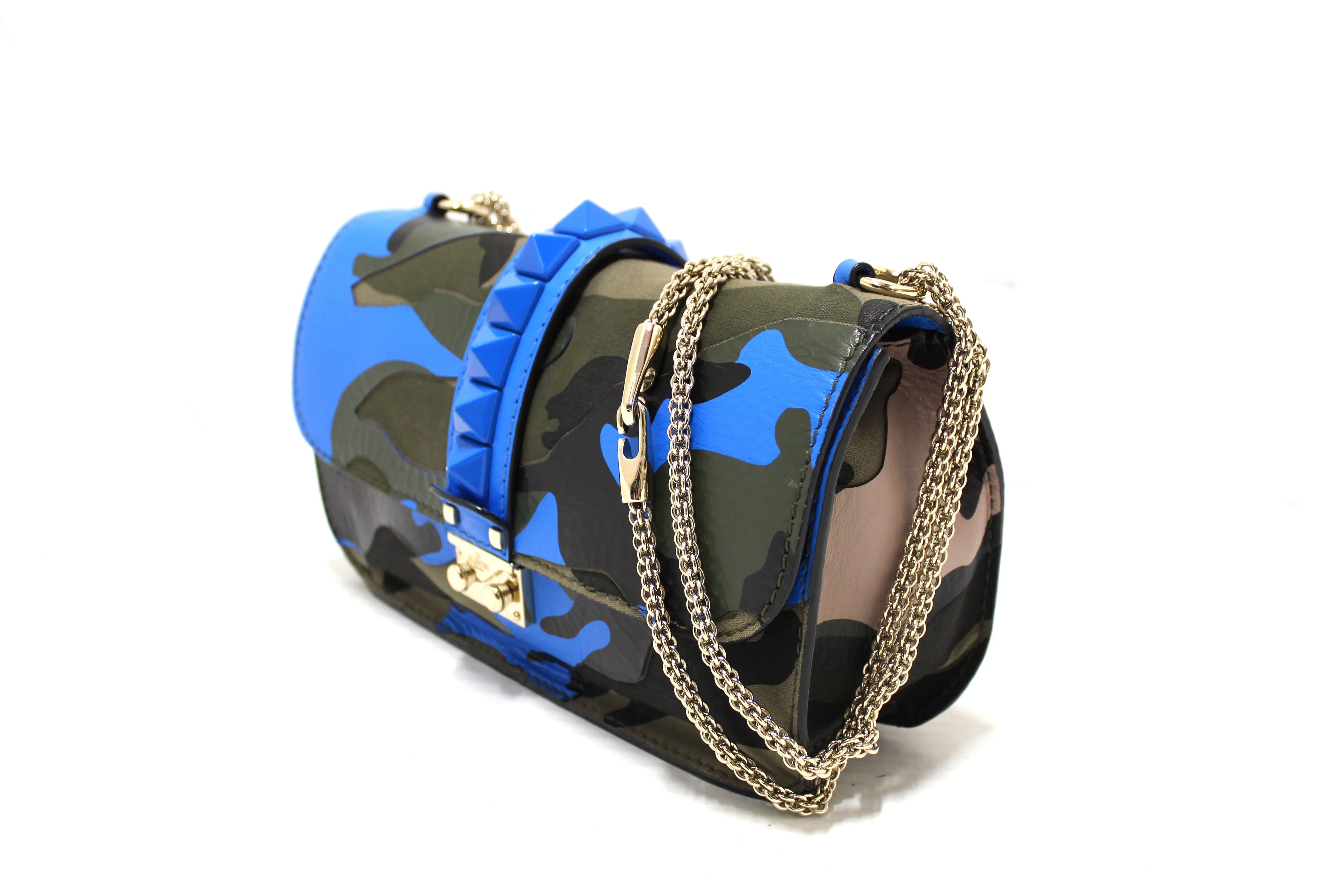 Authentic Valentino Garavani Blue Nappa Canvas Camouflage Medium Glam Lock Rockstud Flap