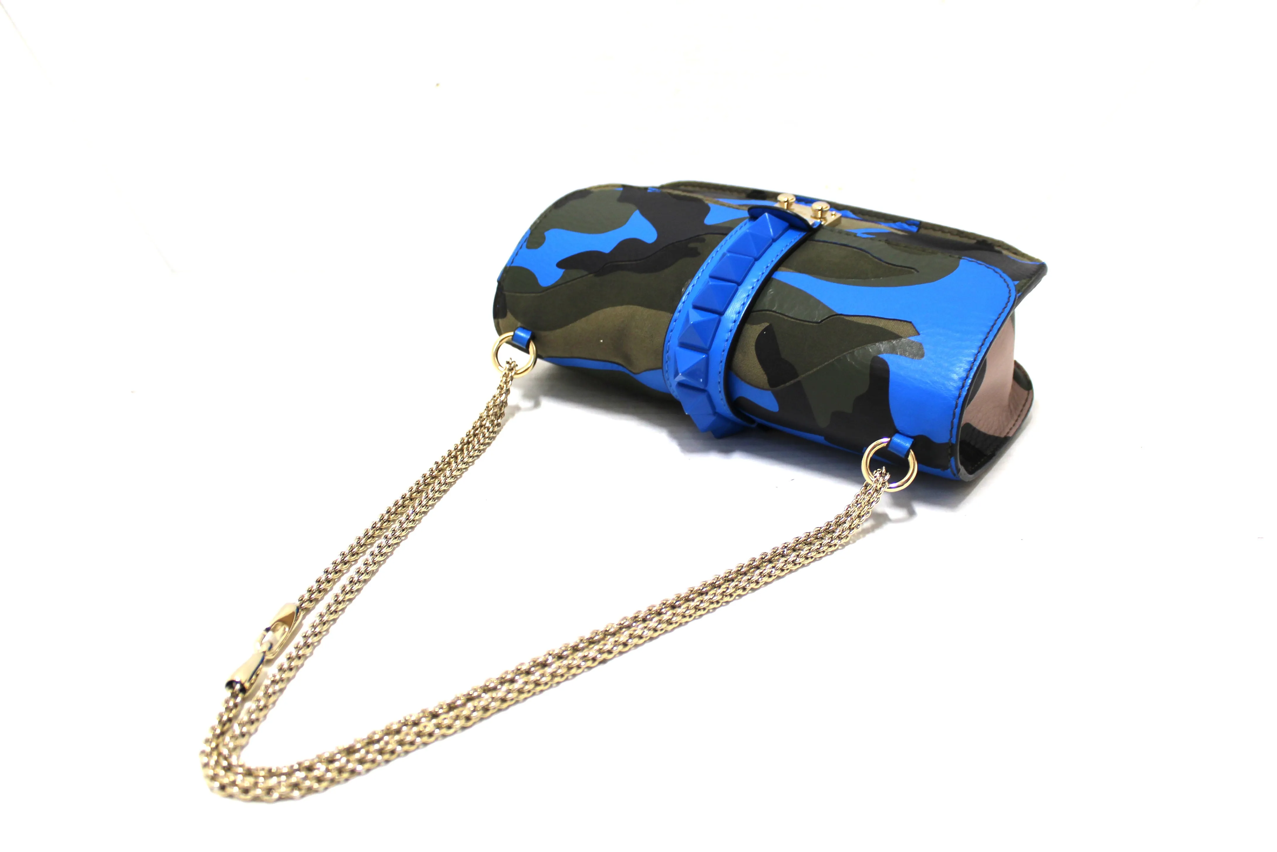 Authentic Valentino Garavani Blue Nappa Canvas Camouflage Medium Glam Lock Rockstud Flap