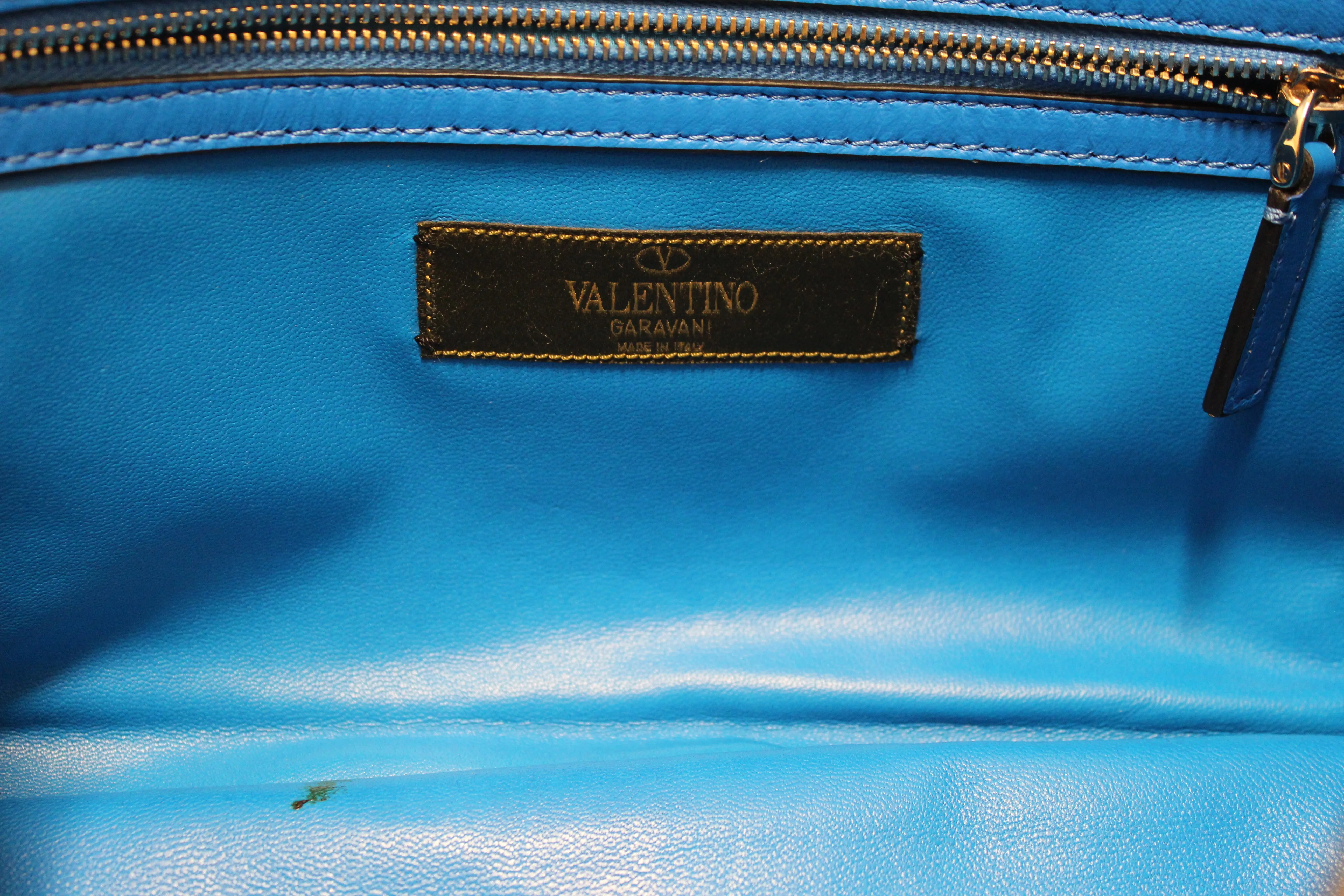 Authentic Valentino Garavani Blue Nappa Canvas Camouflage Medium Glam Lock Rockstud Flap