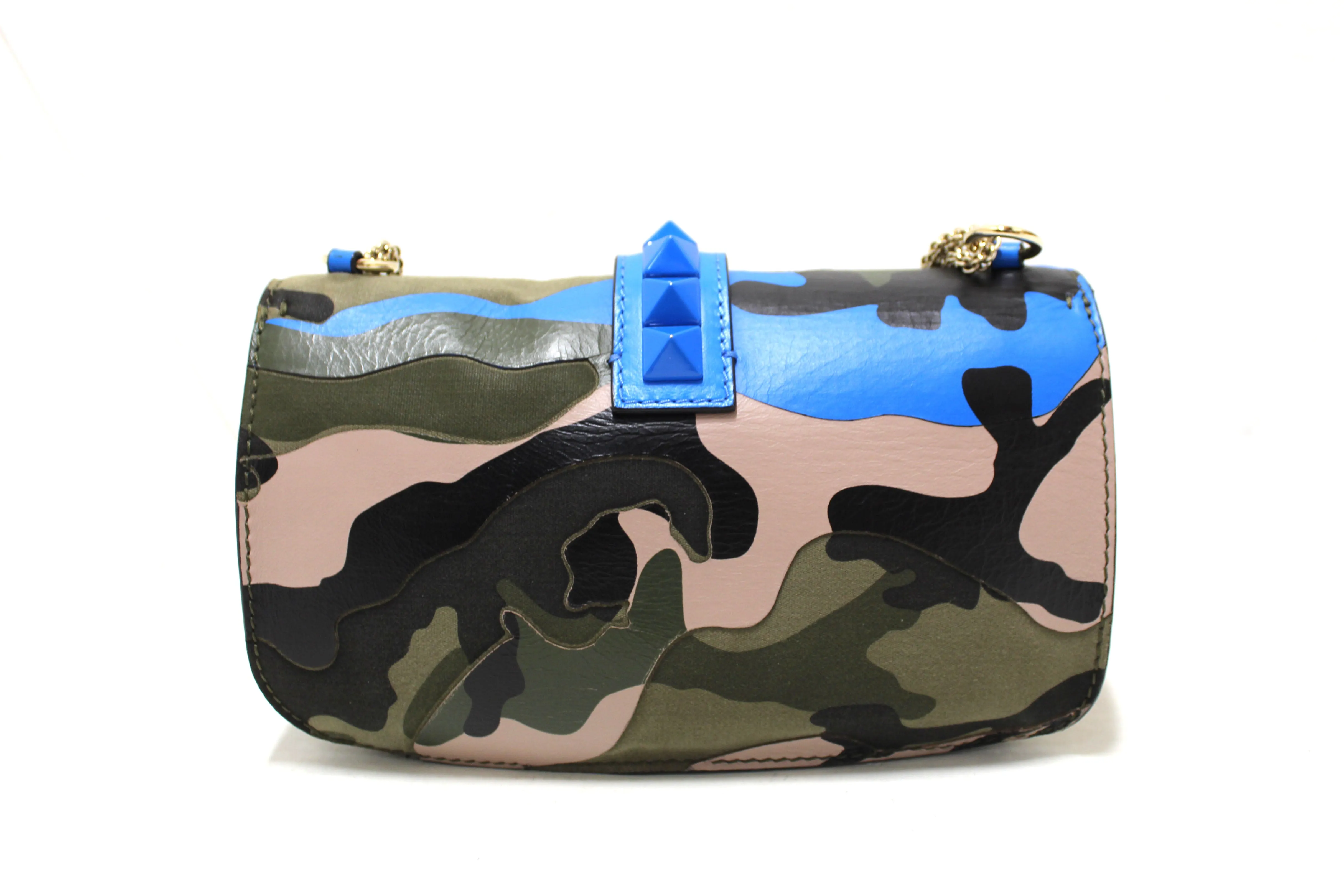 Authentic Valentino Garavani Blue Nappa Canvas Camouflage Medium Glam Lock Rockstud Flap