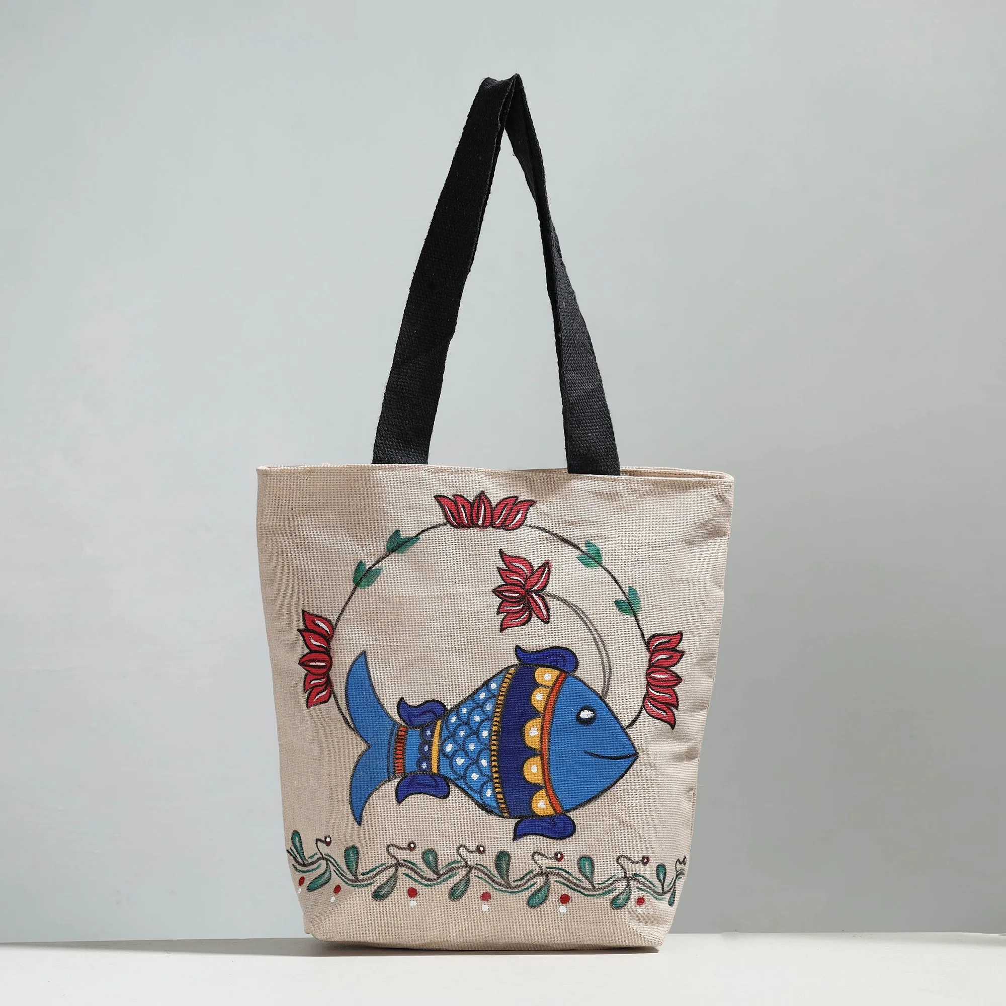 Beige - Madhubani Handpainted Jute Cotton Shoulder Bag