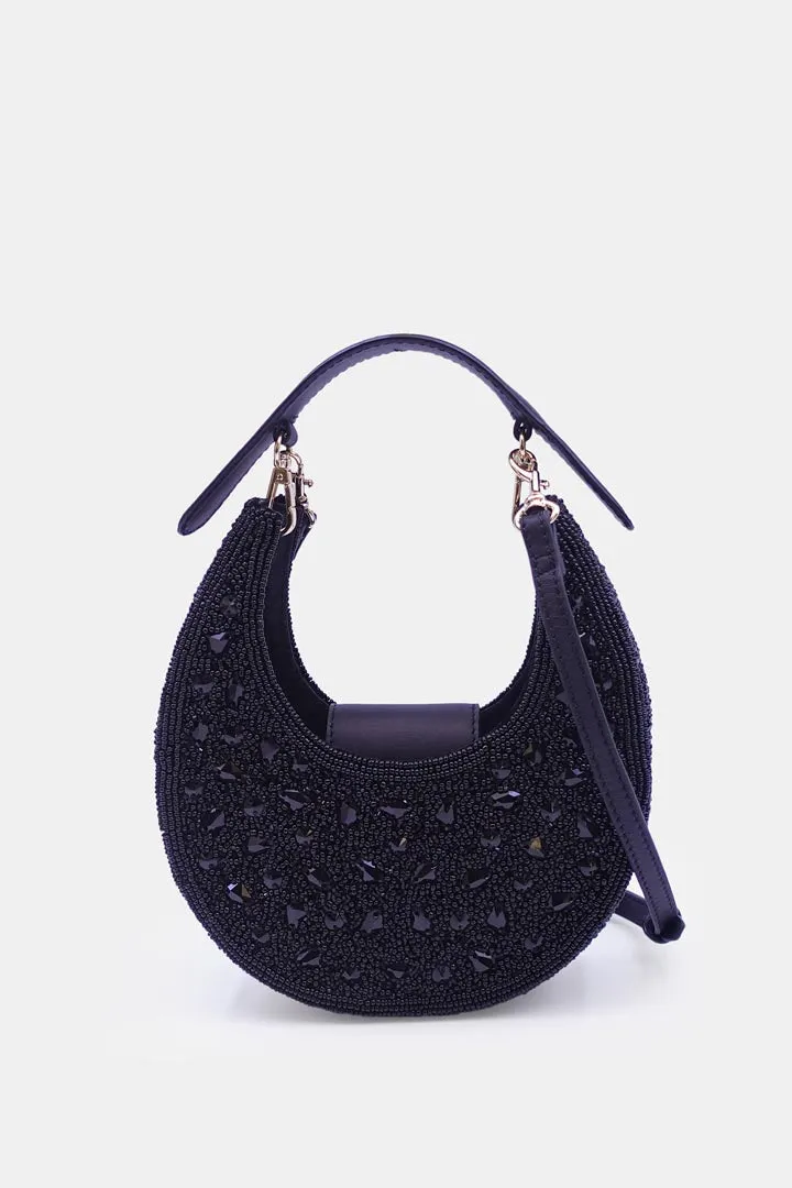 Black Bead-Embellished Clutch Bag