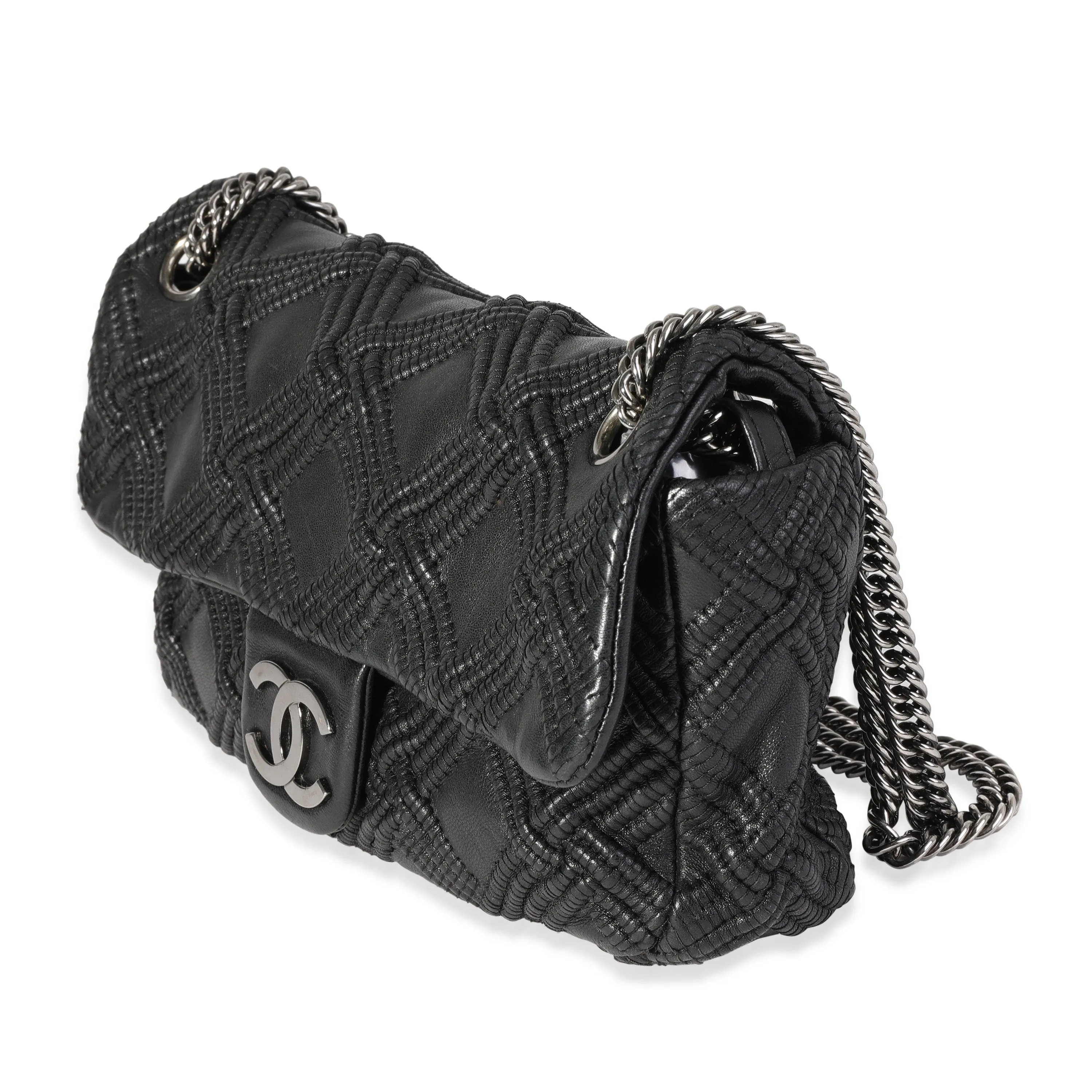 Black Woven Grid Leather Single Flap Bag