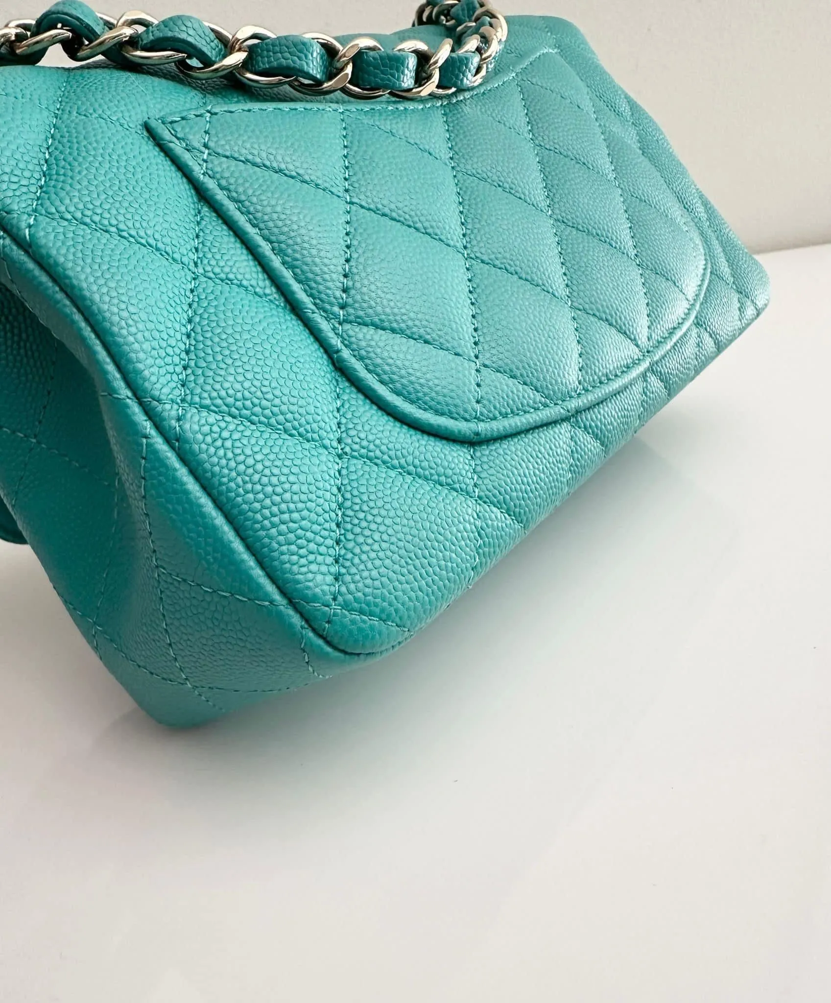 CHANEL Tiffany Green Caviar Classic Flap Mini GHW