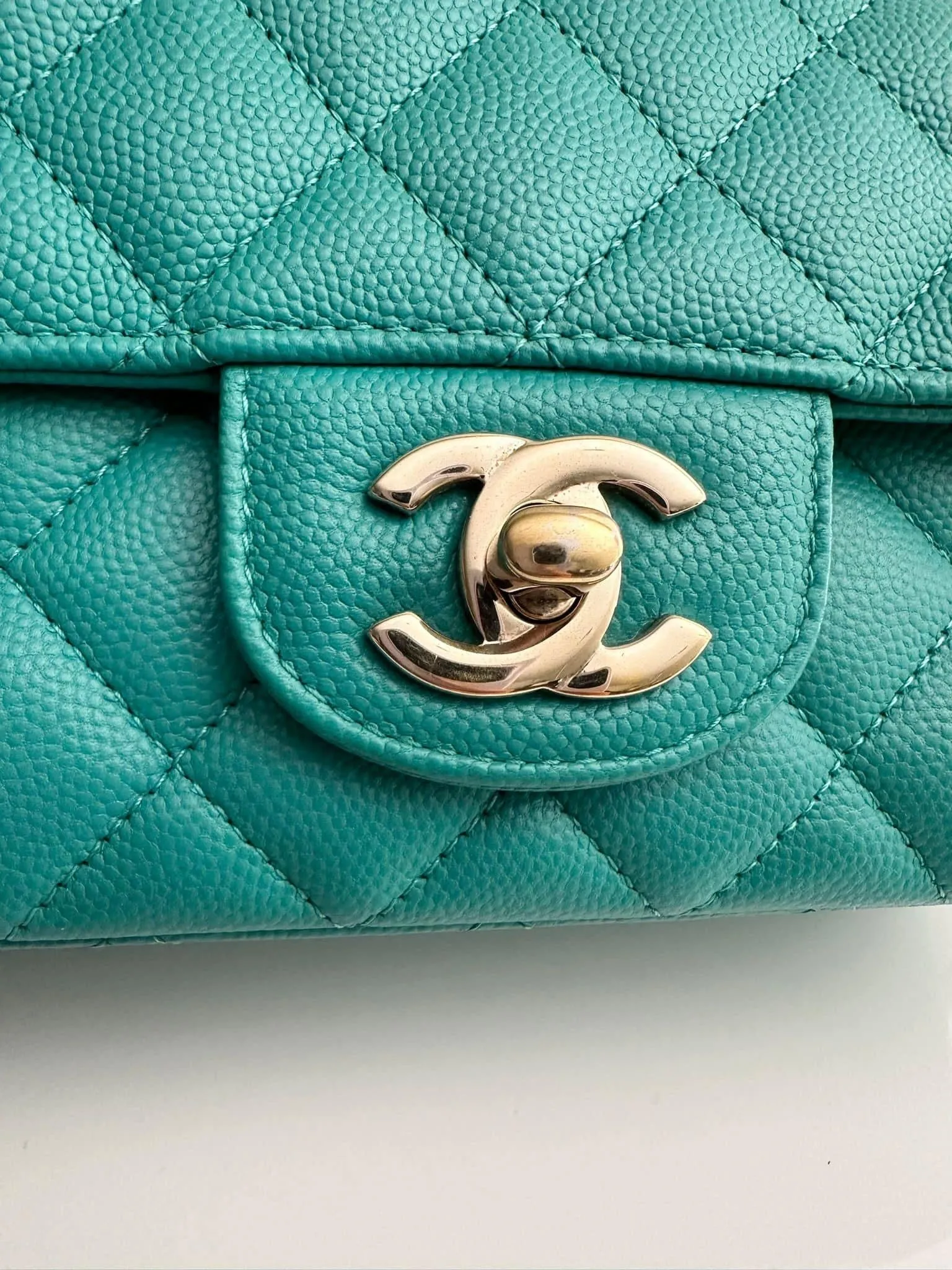 CHANEL Tiffany Green Caviar Classic Flap Mini GHW