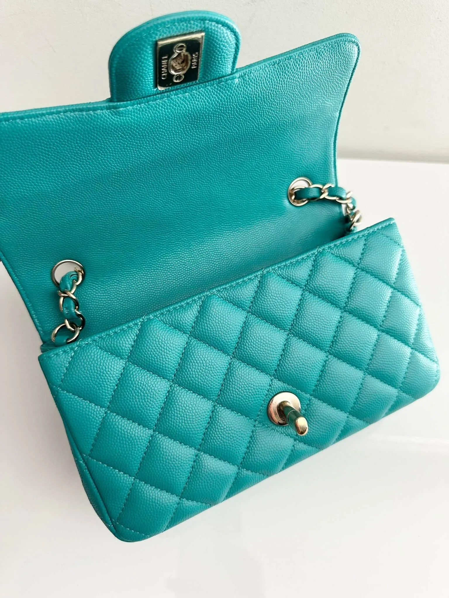 CHANEL Tiffany Green Caviar Classic Flap Mini GHW