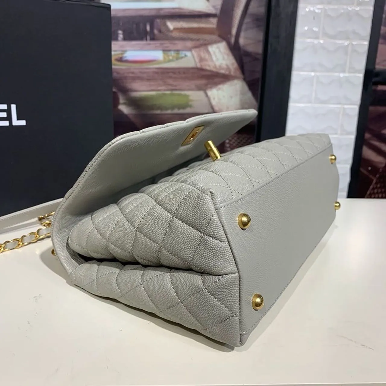 CHL Large Flap Bag With Top Handle Grey For Women, Women&#8217;s Handbags, Shoulder And Crossbody Bags 11in/28cm A92991