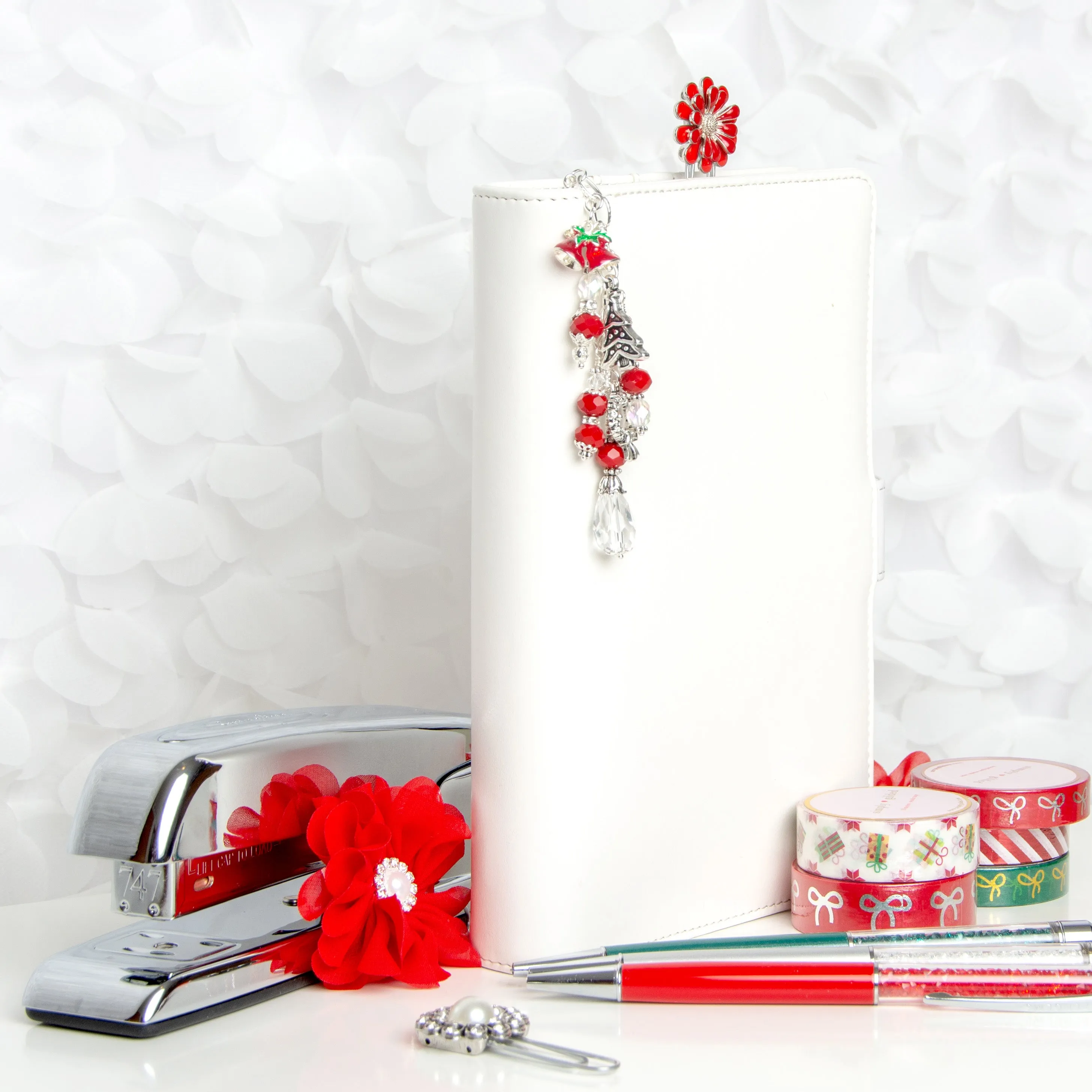 Christmas Planner Charm with Bell, Tree and Wreath Charms and Red Crystal Dangle