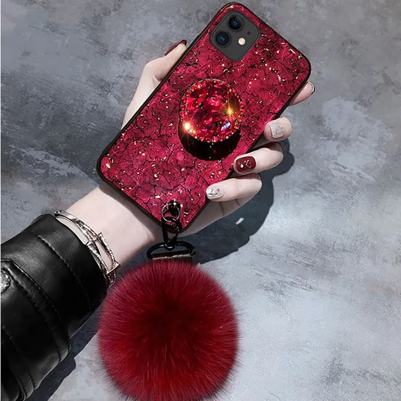 Crystal holder Stand Fur Ball Strap Phone case For iPhone 11 PRO MAX 6 6s 8 7 Plus XSMAX XR 5S SE12 Bling Glitter TPU Coque