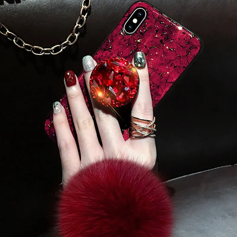 Crystal holder Stand Fur Ball Strap Phone case For iPhone 11 PRO MAX 6 6s 8 7 Plus XSMAX XR 5S SE12 Bling Glitter TPU Coque