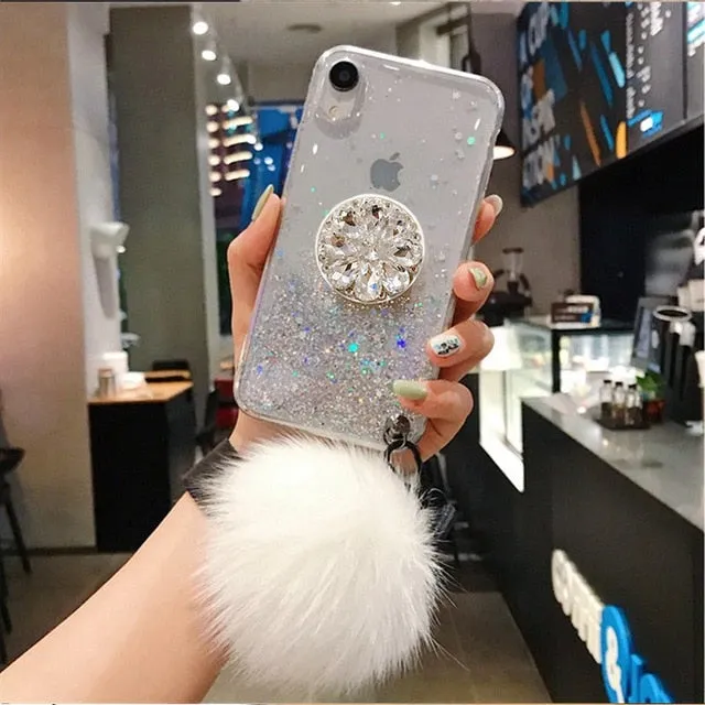 Crystal holder Stand Fur Ball Strap Phone case For iPhone 11 PRO MAX 6 6s 8 7 Plus XSMAX XR 5S SE12 Bling Glitter TPU Coque