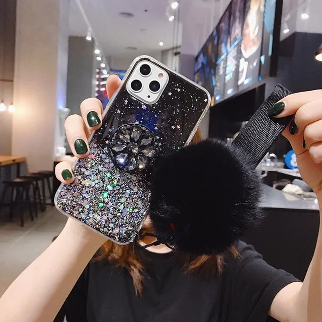 Crystal holder Stand Fur Ball Strap Phone case For iPhone 11 PRO MAX 6 6s 8 7 Plus XSMAX XR 5S SE12 Bling Glitter TPU Coque