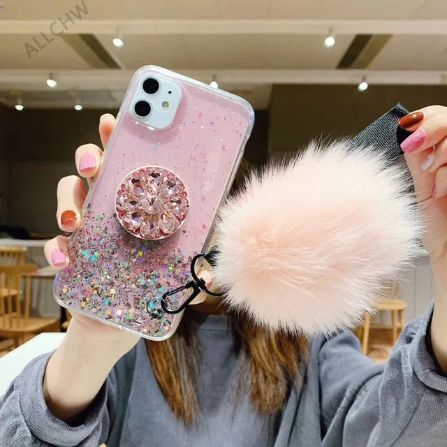 Crystal holder Stand Fur Ball Strap Phone case For iPhone 11 PRO MAX 6 6s 8 7 Plus XSMAX XR 5S SE12 Bling Glitter TPU Coque