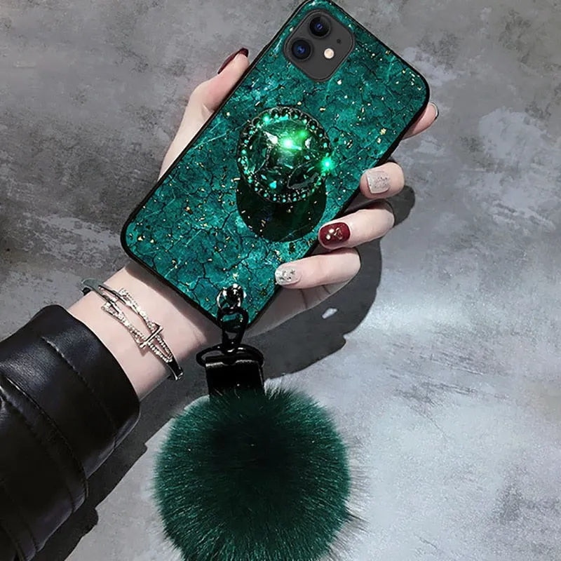 Crystal holder Stand Fur Ball Strap Phone case For iPhone 11 PRO MAX 6 6s 8 7 Plus XSMAX XR 5S SE12 Bling Glitter TPU Coque