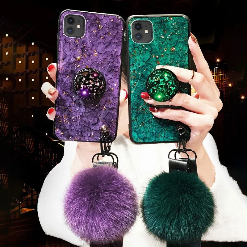 Crystal holder Stand Fur Ball Strap Phone case For iPhone 11 PRO MAX 6 6s 8 7 Plus XSMAX XR 5S SE12 Bling Glitter TPU Coque