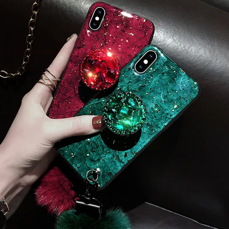 Crystal holder Stand Fur Ball Strap Phone case For iPhone 11 PRO MAX 6 6s 8 7 Plus XSMAX XR 5S SE12 Bling Glitter TPU Coque