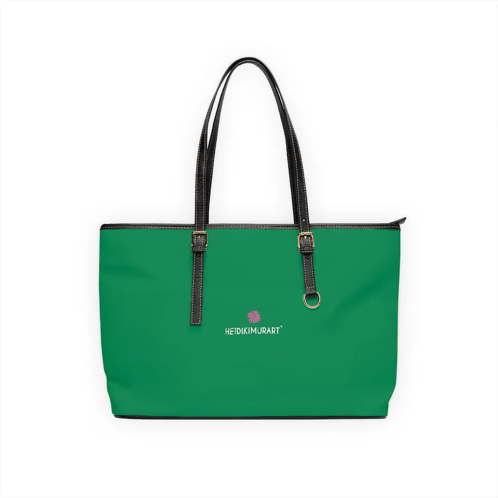 Dark Green Zipped Tote Bag, Solid Color Modern Essential Designer PU Leather Shoulder Bag For Ladies