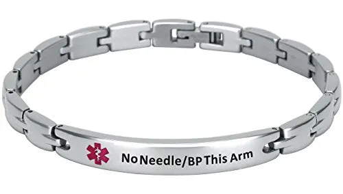 Elegant Surgical Grade Steel Medical Alert ID Bracelet For Men and Women (Women's, No Needle/BP This Arm)