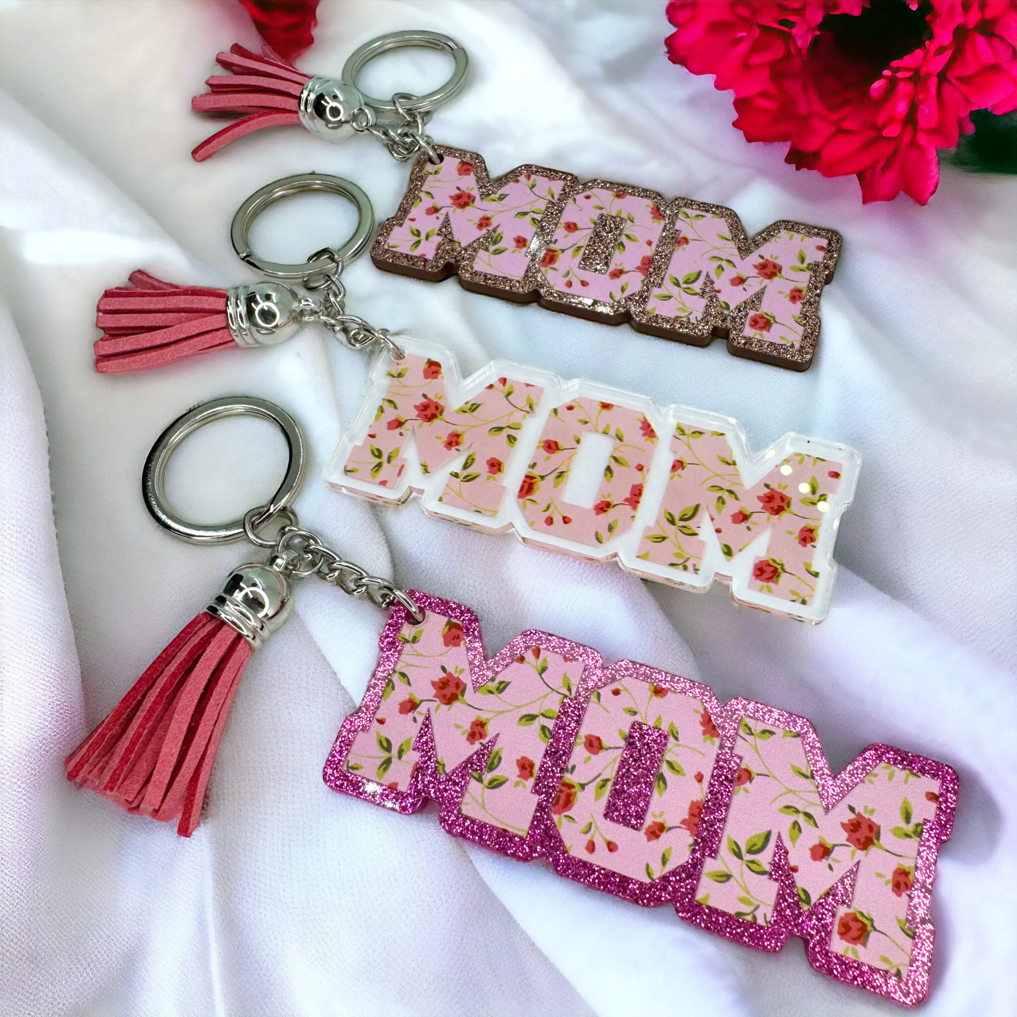 Floral Mom Key Chain - Stainless Steel & Acrylic