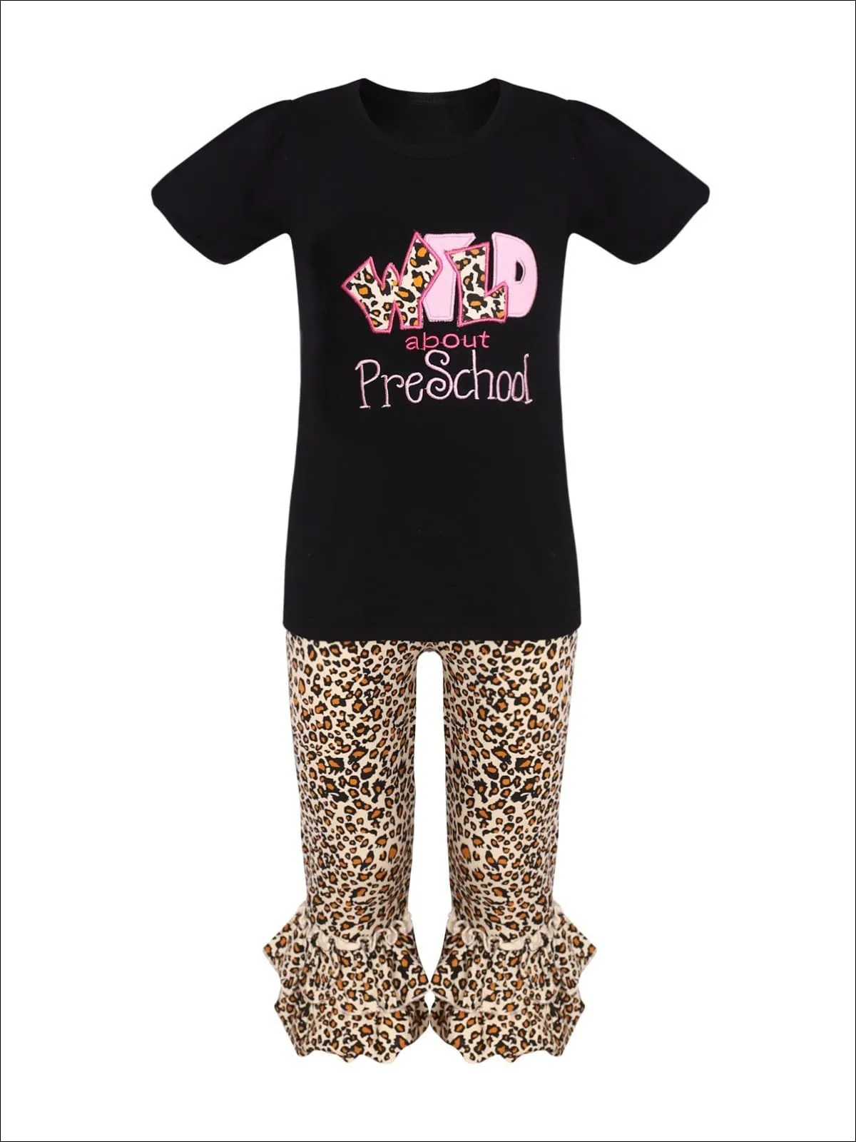 Girls 1st Day of School 1st Day of School "Wild About Preschool" Top And Animal Print Flared Ruffled Legging Set