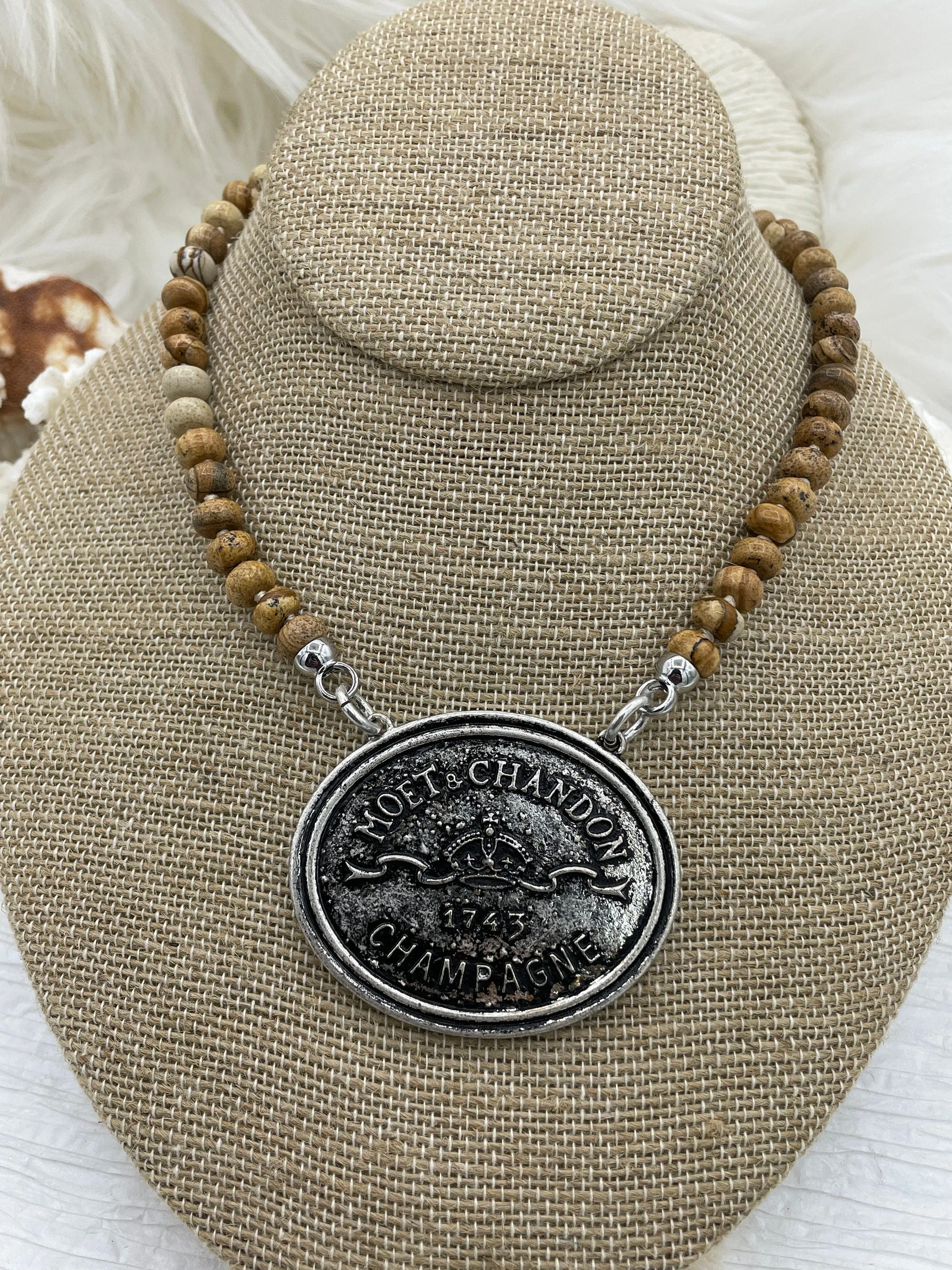 Hand Knotted Rondelle Picture Jasper Necklace, 16.5" Brass Closed Cap Ends, Gold, silver or Matte Gold Caps, Jasper Necklace, Fast Ship