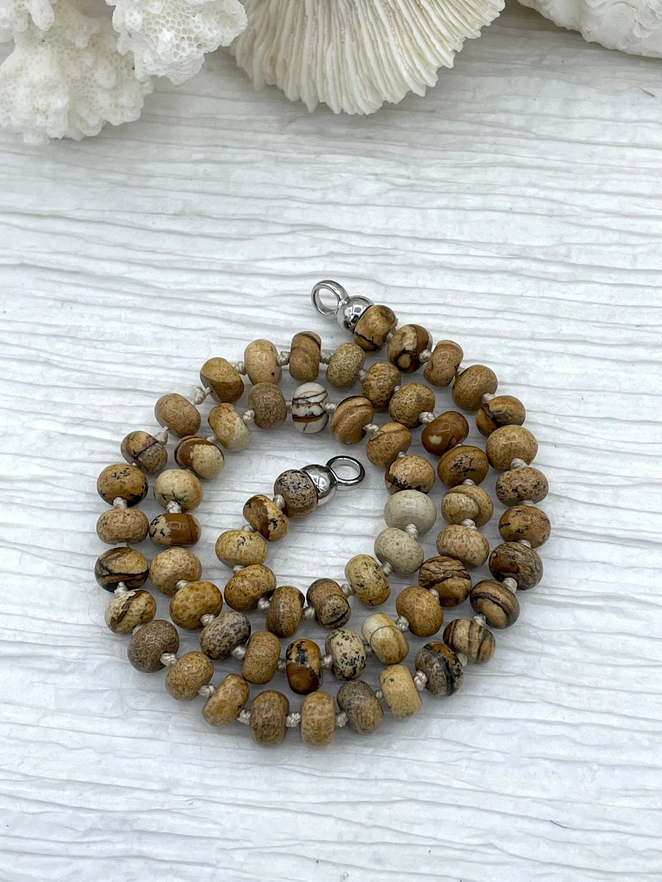 Hand Knotted Rondelle Picture Jasper Necklace, 16.5" Brass Closed Cap Ends, Gold, silver or Matte Gold Caps, Jasper Necklace, Fast Ship