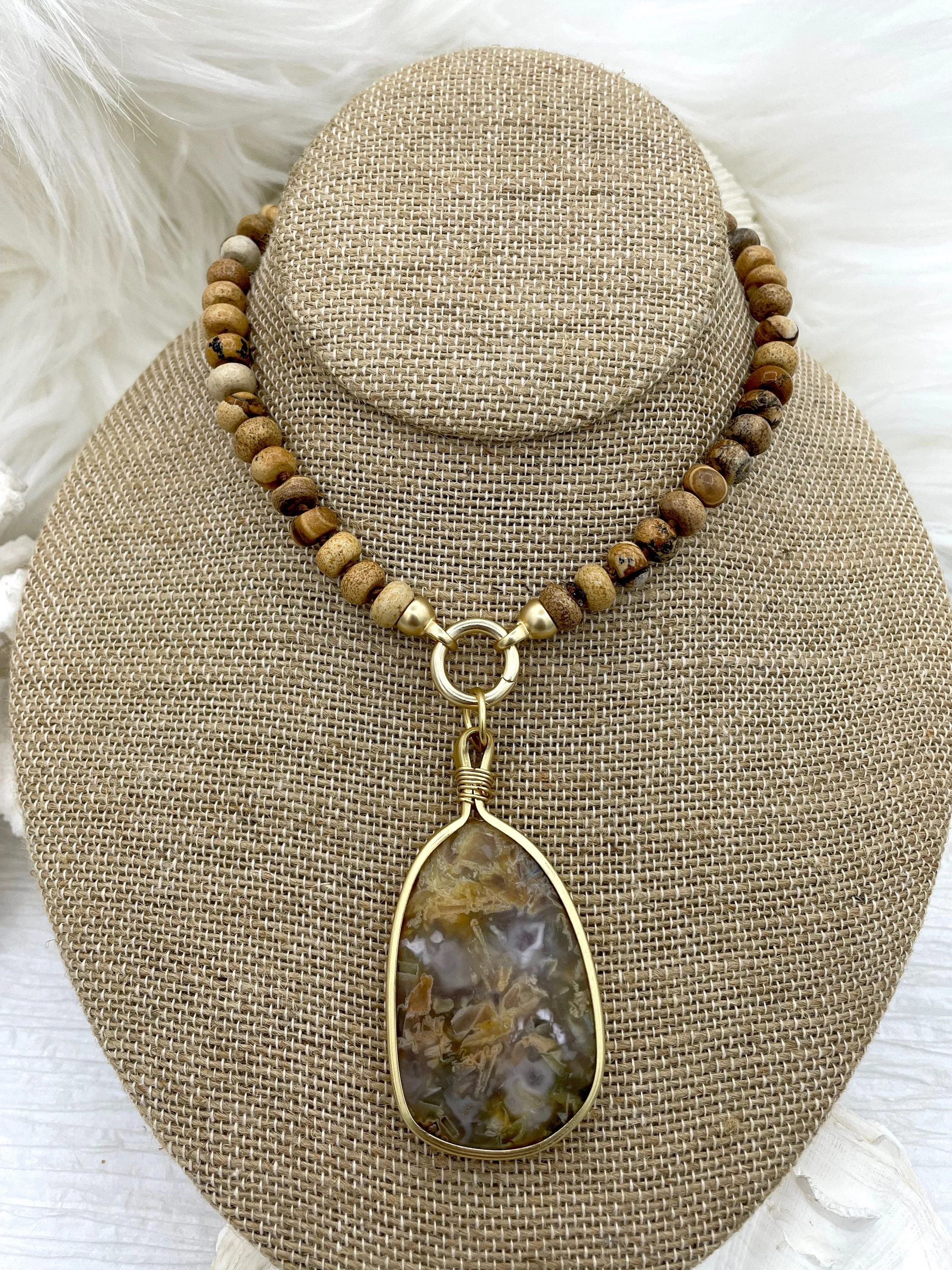 Hand Knotted Rondelle Picture Jasper Necklace, 16.5" Brass Closed Cap Ends, Gold, silver or Matte Gold Caps, Jasper Necklace, Fast Ship