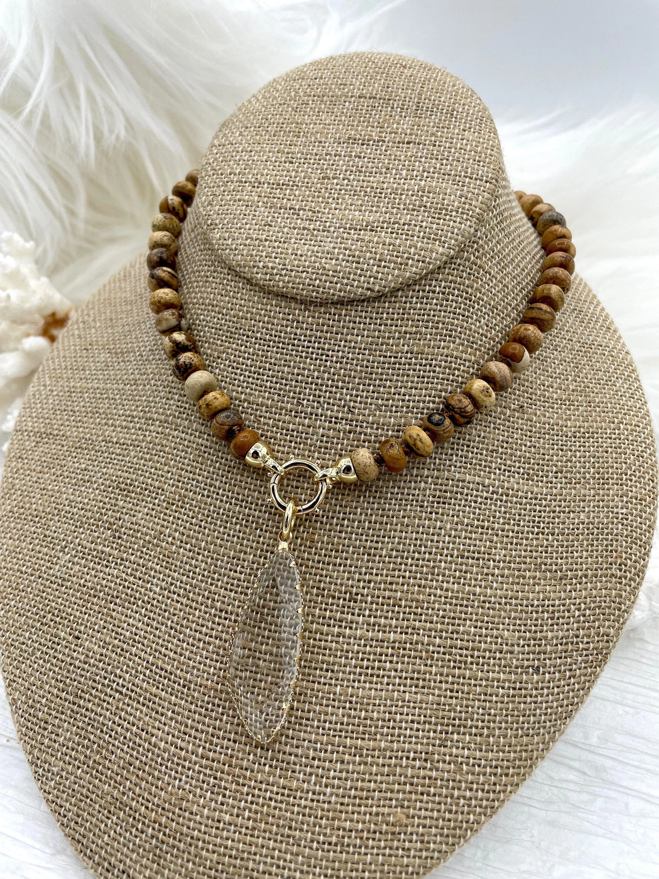 Hand Knotted Rondelle Picture Jasper Necklace, 16.5" Brass Closed Cap Ends, Gold, silver or Matte Gold Caps, Jasper Necklace, Fast Ship